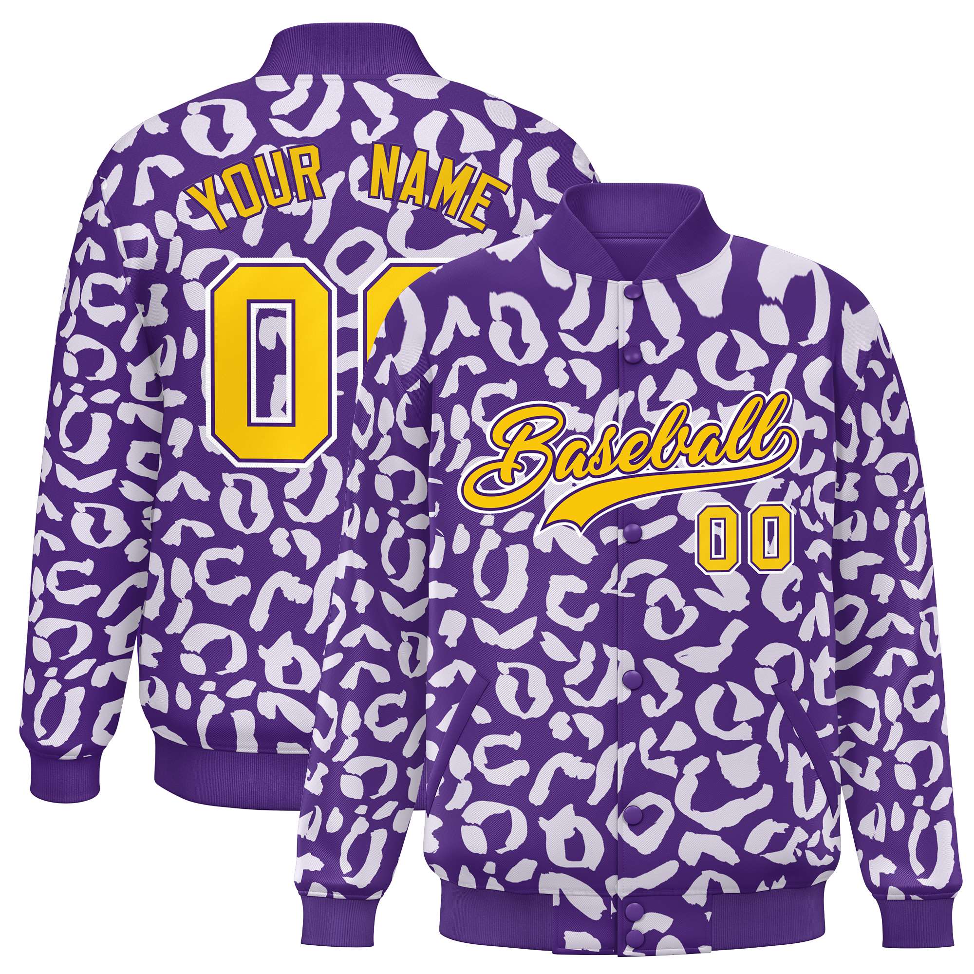 Custom Purple White Varsity Full-Snap Leopard Print Graffiti Pattern Letterman Baseball Jacket