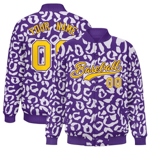 Custom Purple White Varsity Full-Snap Leopard Print Graffiti Pattern Letterman Baseball Jacket