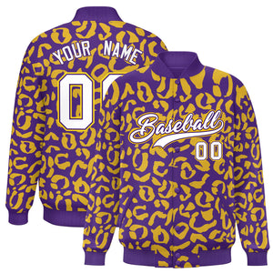 Custom Purple Gold Varsity Full-Snap Leopard Print Graffiti Pattern Letterman Baseball Jacket