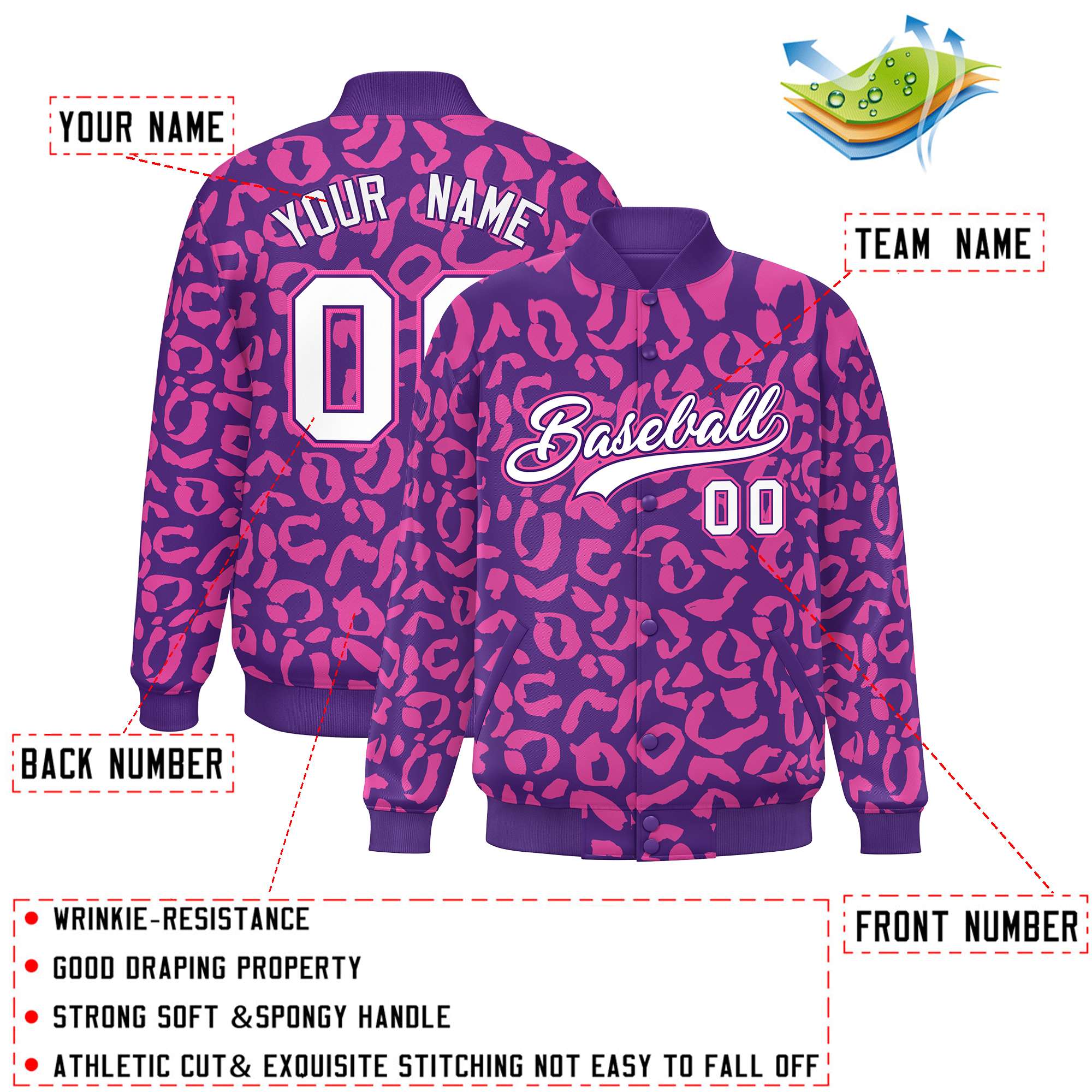 Custom Purple Pink Varsity Full-Snap Leopard Print Graffiti Pattern Letterman Baseball Jacket