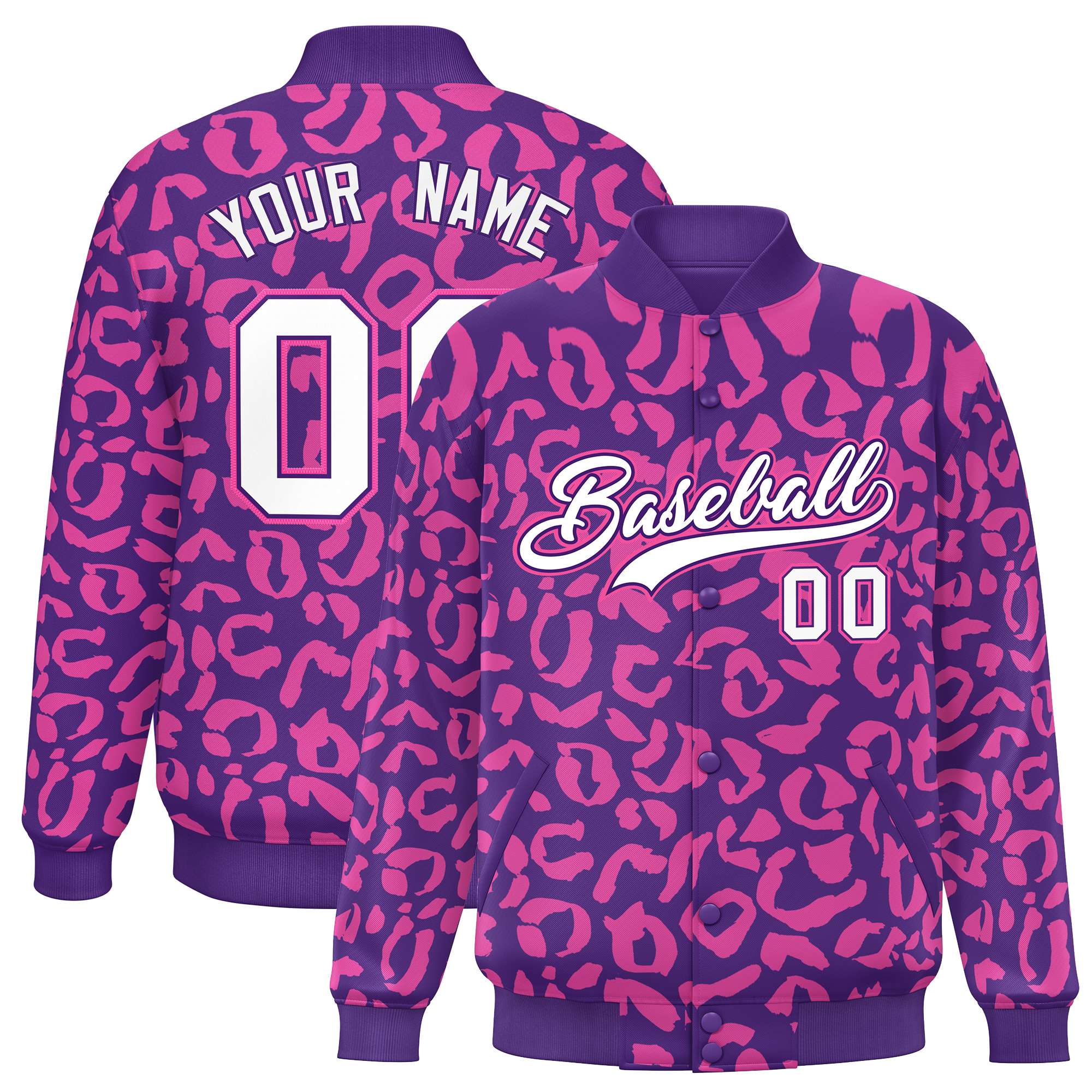 Custom Purple Pink Varsity Full-Snap Leopard Print Graffiti Pattern Letterman Baseball Jacket