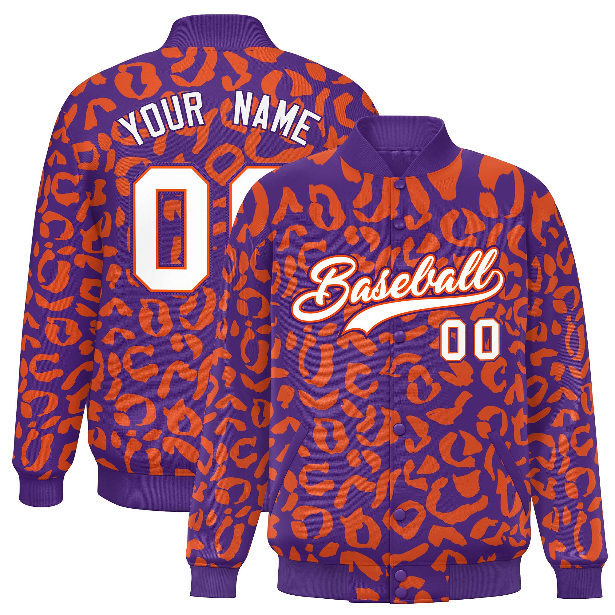 Custom Purple Orange Varsity Full-Snap Leopard Print Graffiti Pattern Letterman Baseball Jacket