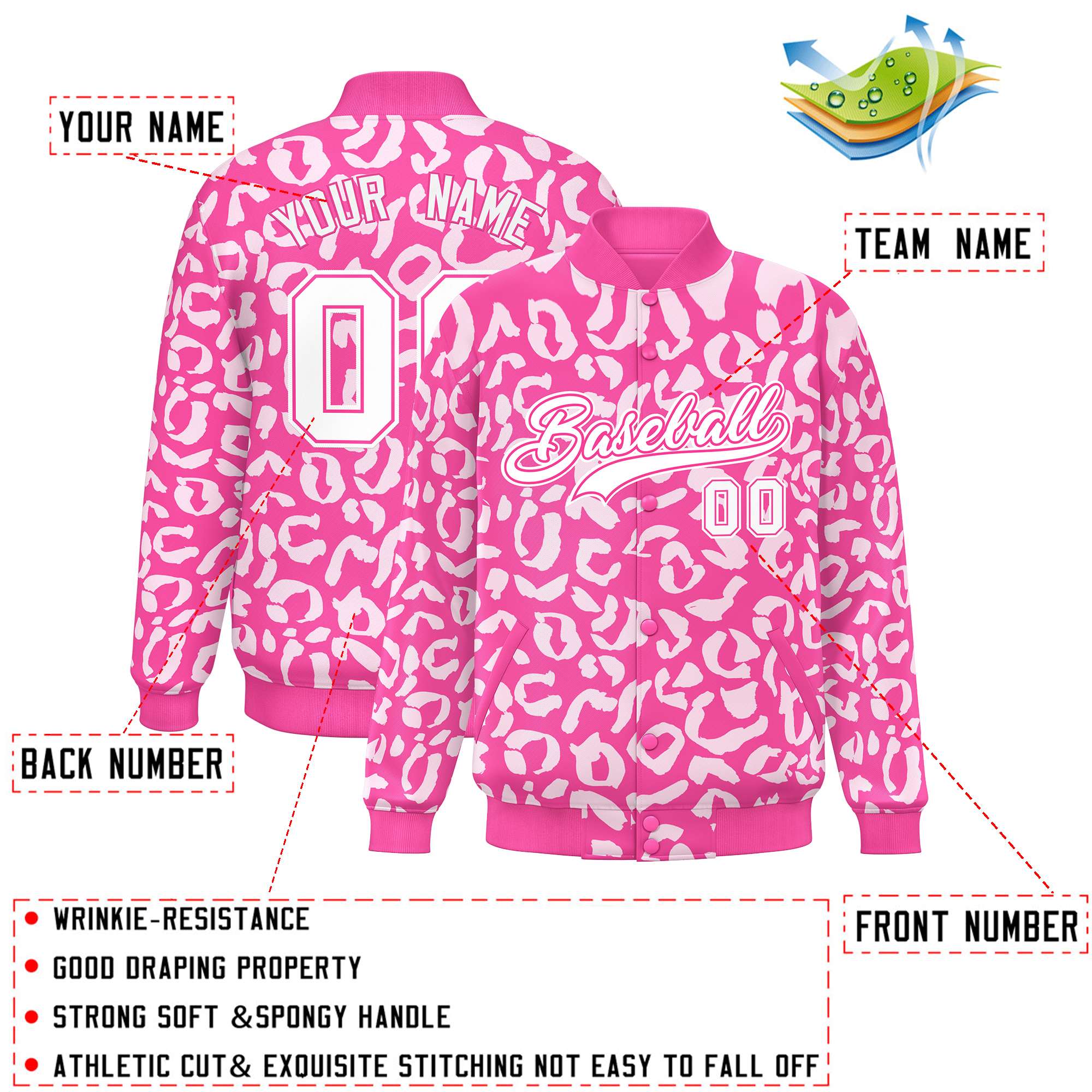 Custom Pink White Varsity Full-Snap Leopard Print Graffiti Pattern Letterman Baseball Jacket