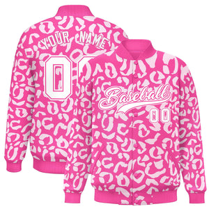 Custom Pink White Varsity Full-Snap Leopard Print Graffiti Pattern Letterman Baseball Jacket