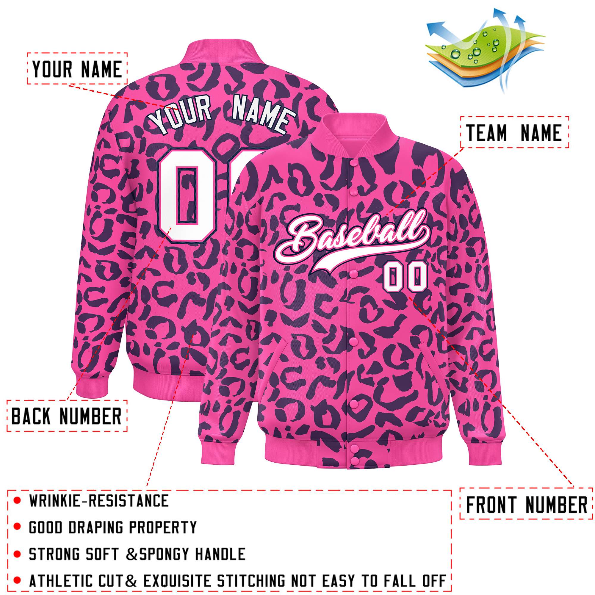 Custom Pink Navy Varsity Full-Snap Leopard Print Graffiti Pattern Letterman Baseball Jacket