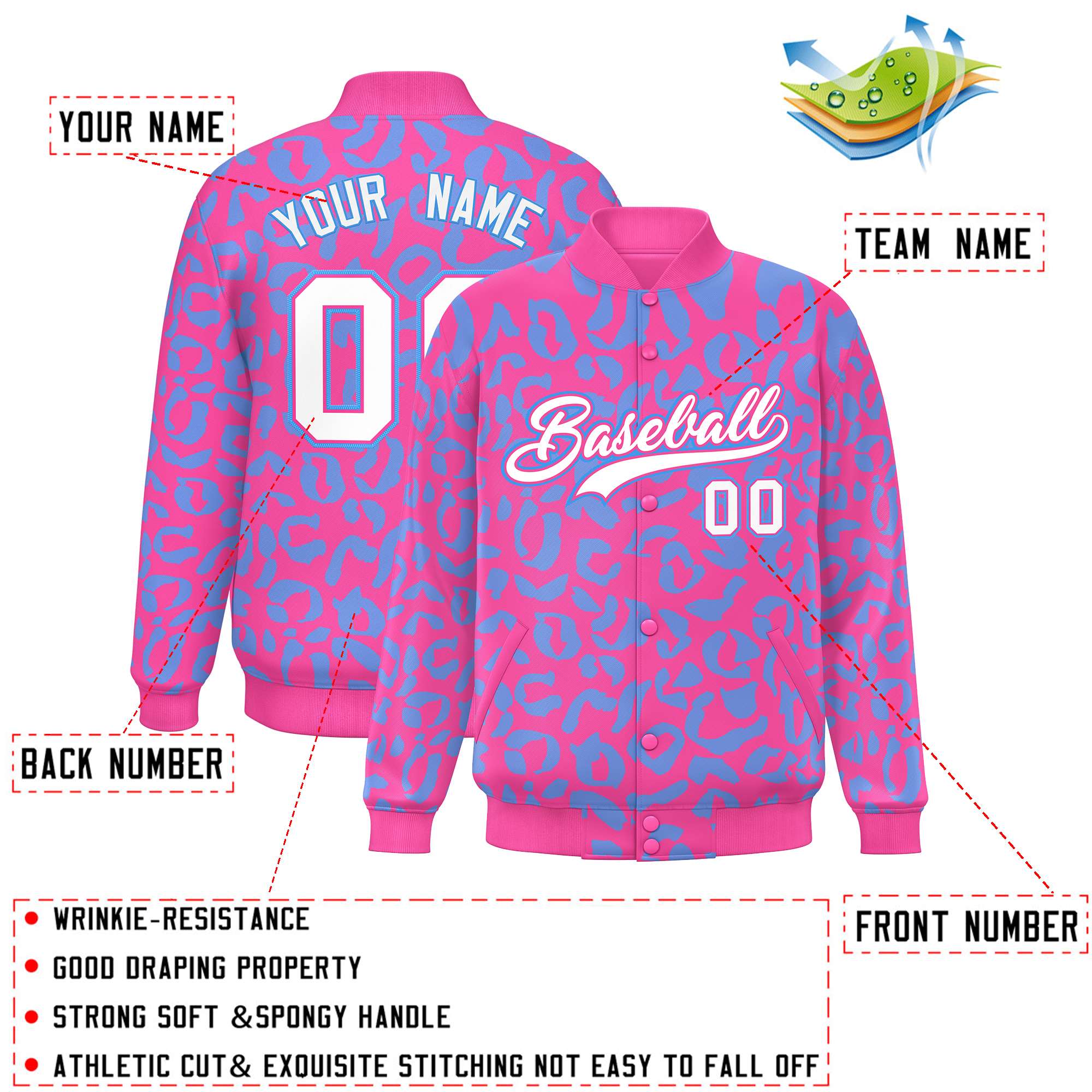 Custom Pink Powder Blue Varsity Full-Snap Leopard Print Graffiti Pattern Letterman Baseball Jacket