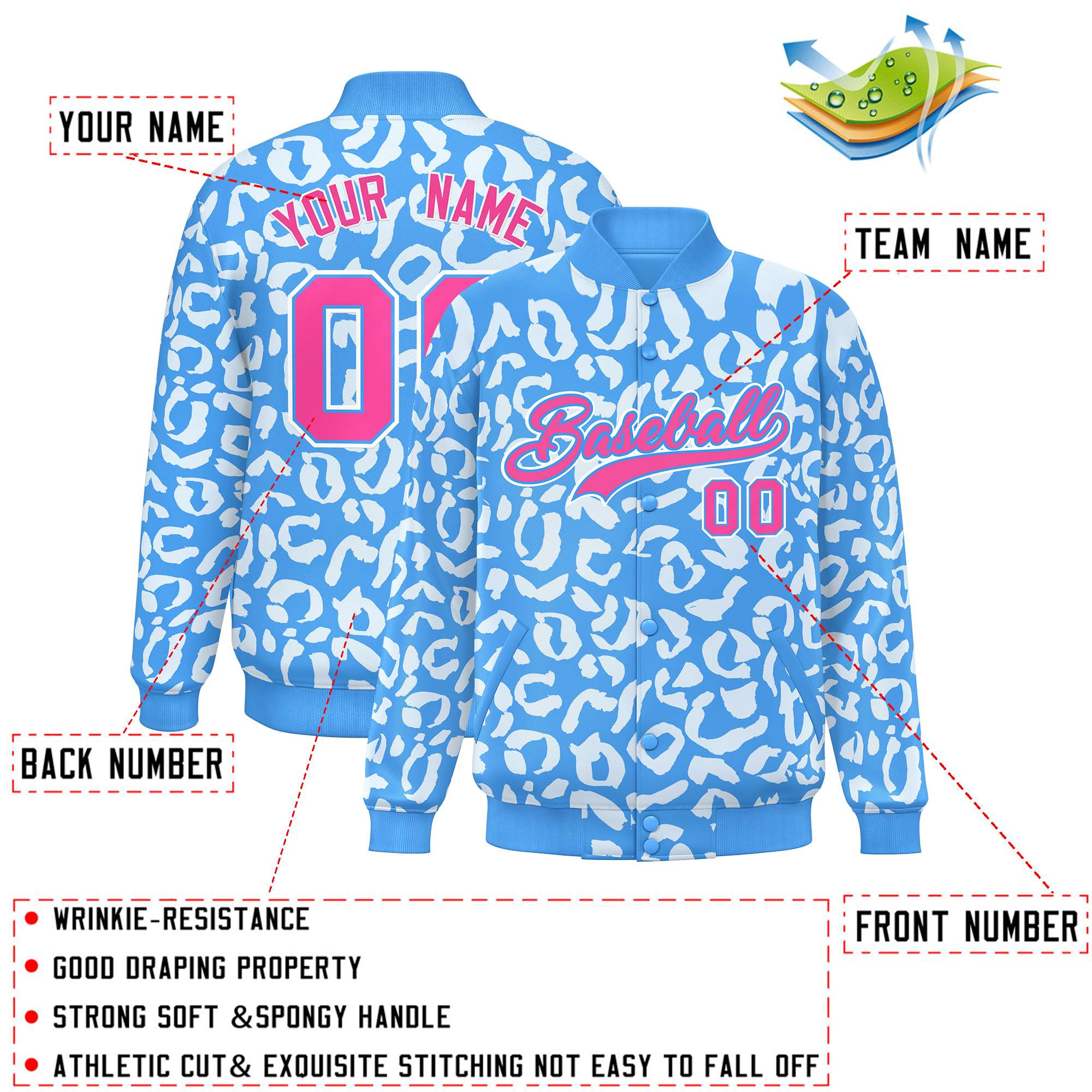 Custom Powder Blue White Varsity Full-Snap Leopard Print Graffiti Pattern Letterman Baseball Jacket