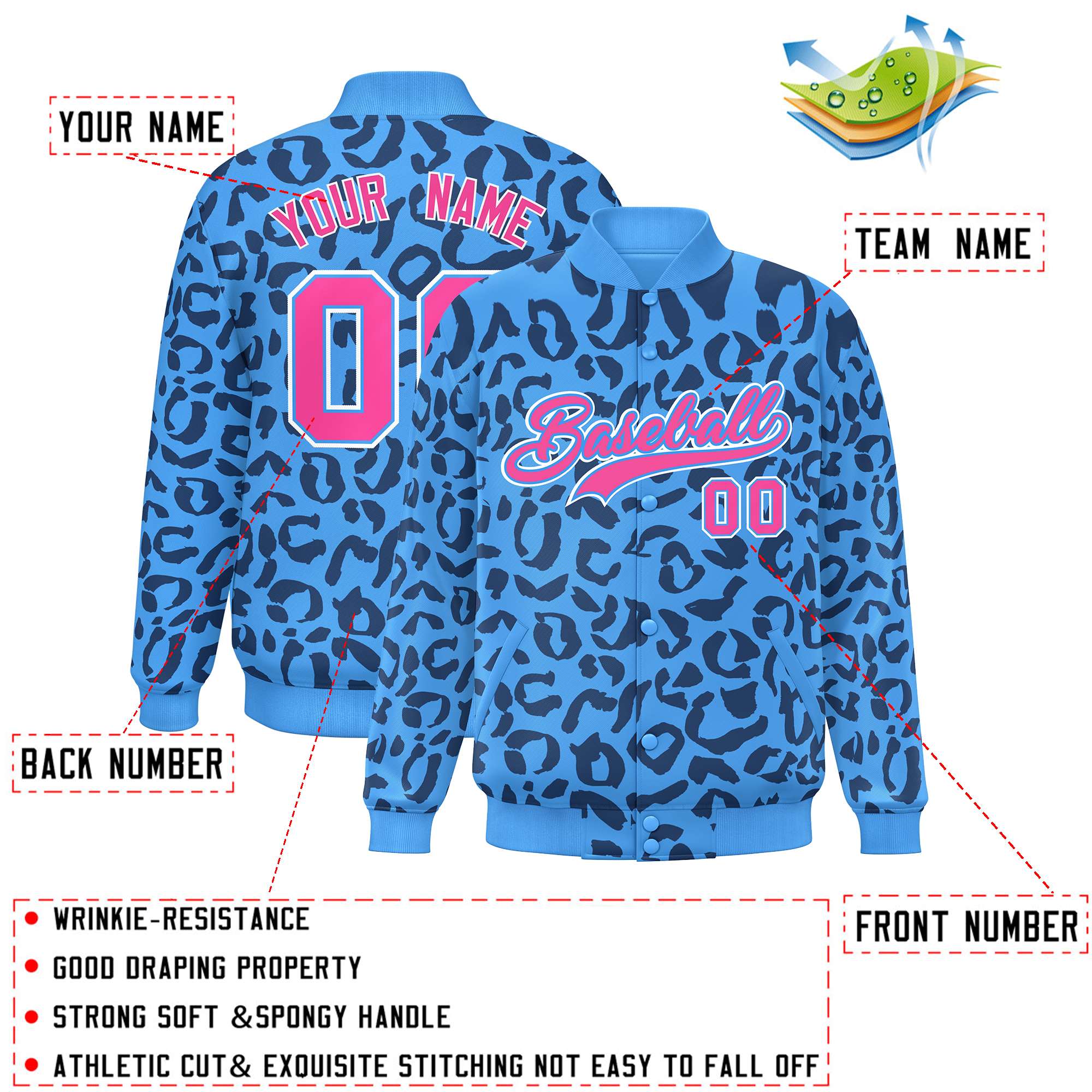 Custom Powder Blue Navy Varsity Full-Snap Leopard Print Graffiti Pattern Letterman Baseball Jacket