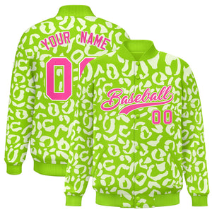 Custom Neon Green White Varsity Full-Snap Leopard Print Graffiti Pattern Letterman Baseball Jacket