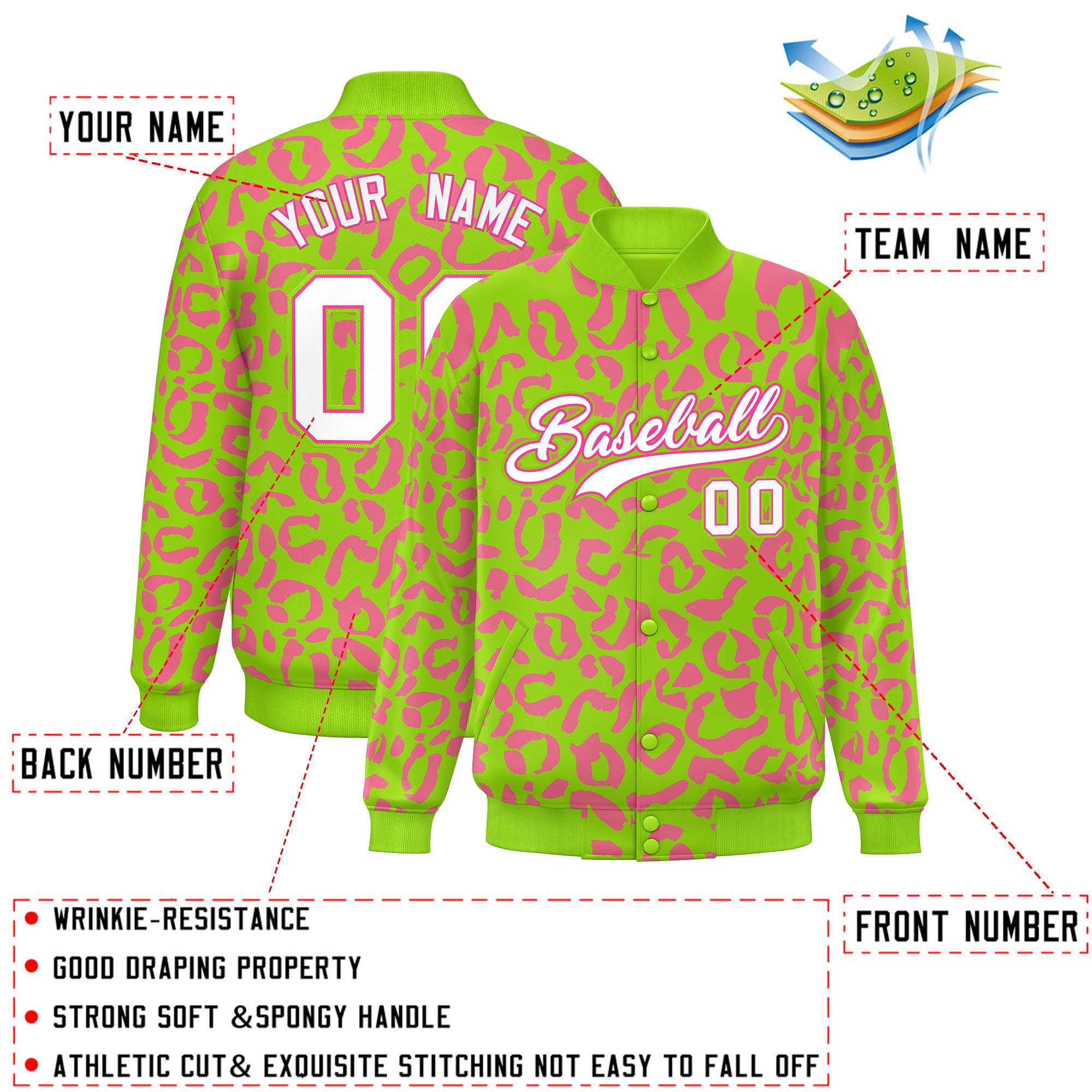 Custom Neon Green Pink Varsity Full-Snap Leopard Print Graffiti Pattern Letterman Baseball Jacket