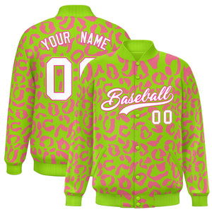 Custom Neon Green Pink Varsity Full-Snap Leopard Print Graffiti Pattern Letterman Baseball Jacket