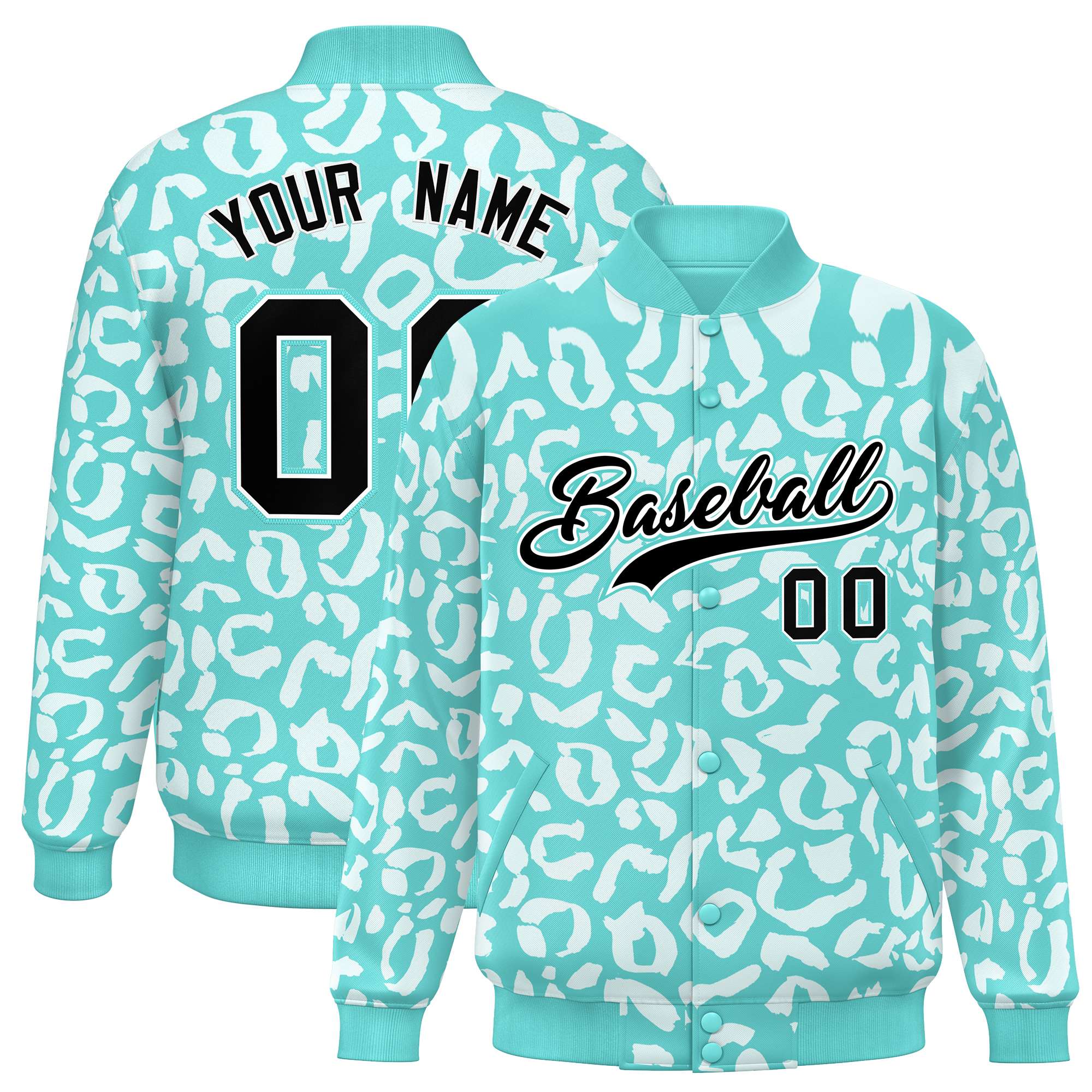 Custom Bright Green White Varsity Full-Snap Leopard Print Graffiti Pattern Letterman Baseball Jacket