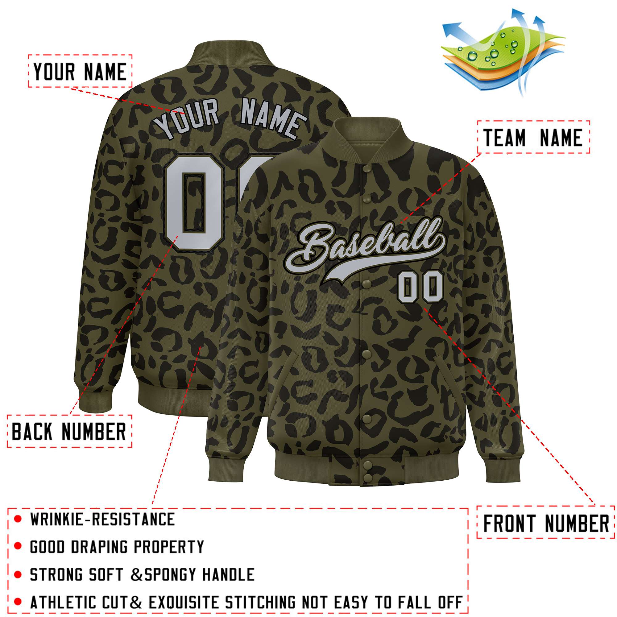 Custom Olive Black Varsity Full-Snap Leopard Print Graffiti Pattern Letterman Baseball Jacket