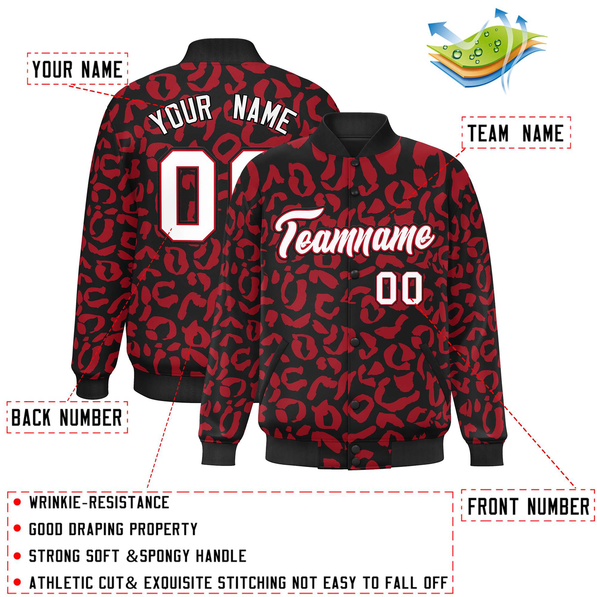 Custom Black Red Varsity Full-Snap Leopard Print Graffiti Pattern Letterman Baseball Jacket