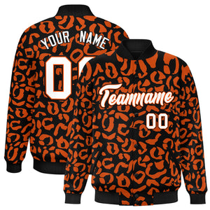 Custom Black Orange Varsity Full-Snap Leopard Print Graffiti Pattern Letterman Baseball Jacket