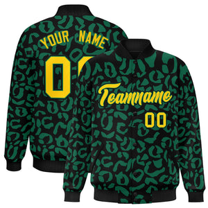 Custom Black Kelly Green Varsity Full-Snap Leopard Print Graffiti Pattern Letterman Baseball Jacket