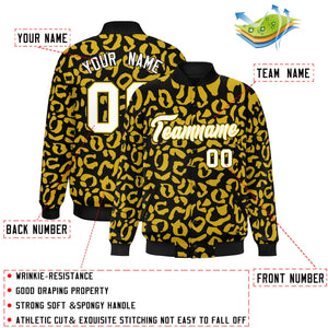 Custom Black Gold Varsity Full-Snap Leopard Print Graffiti Pattern Letterman Baseball Jacket