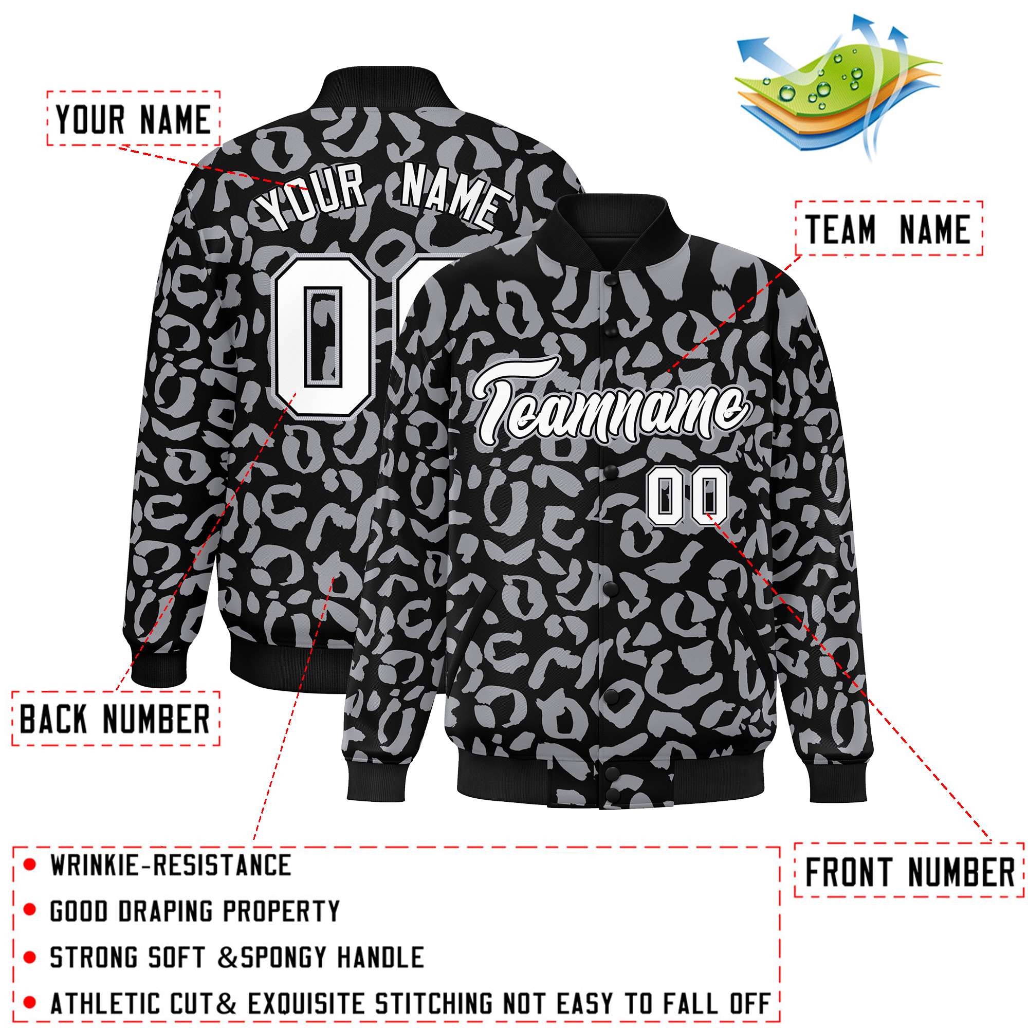 Custom Black Gray Varsity Full-Snap Leopard Print Graffiti Pattern Letterman Baseball Jacket