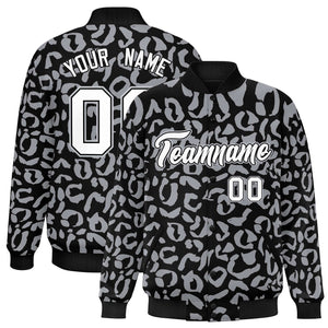 Custom Black Gray Varsity Full-Snap Leopard Print Graffiti Pattern Letterman Baseball Jacket