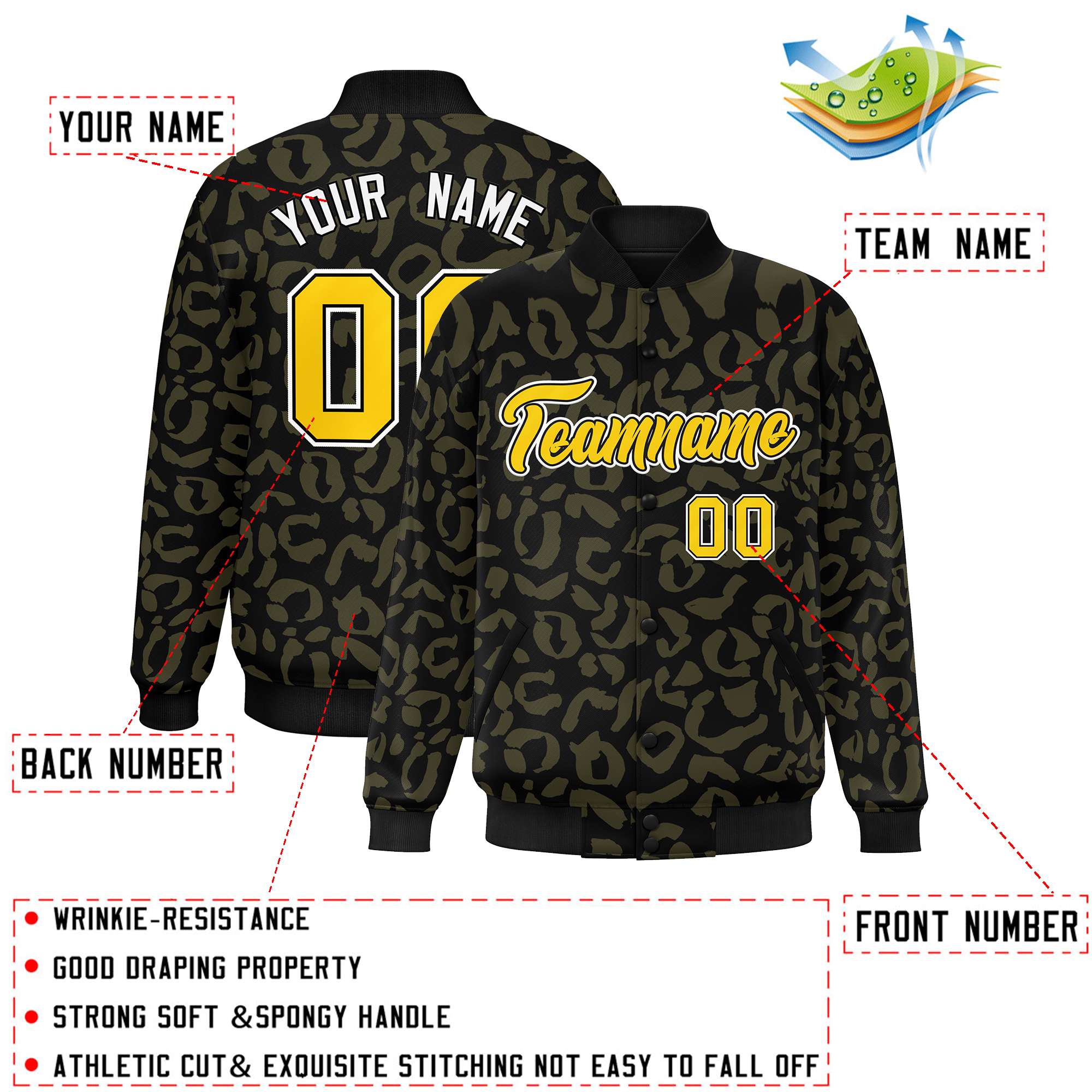 Custom Black Olive Varsity Full-Snap Leopard Print Graffiti Pattern Letterman Baseball Jacket