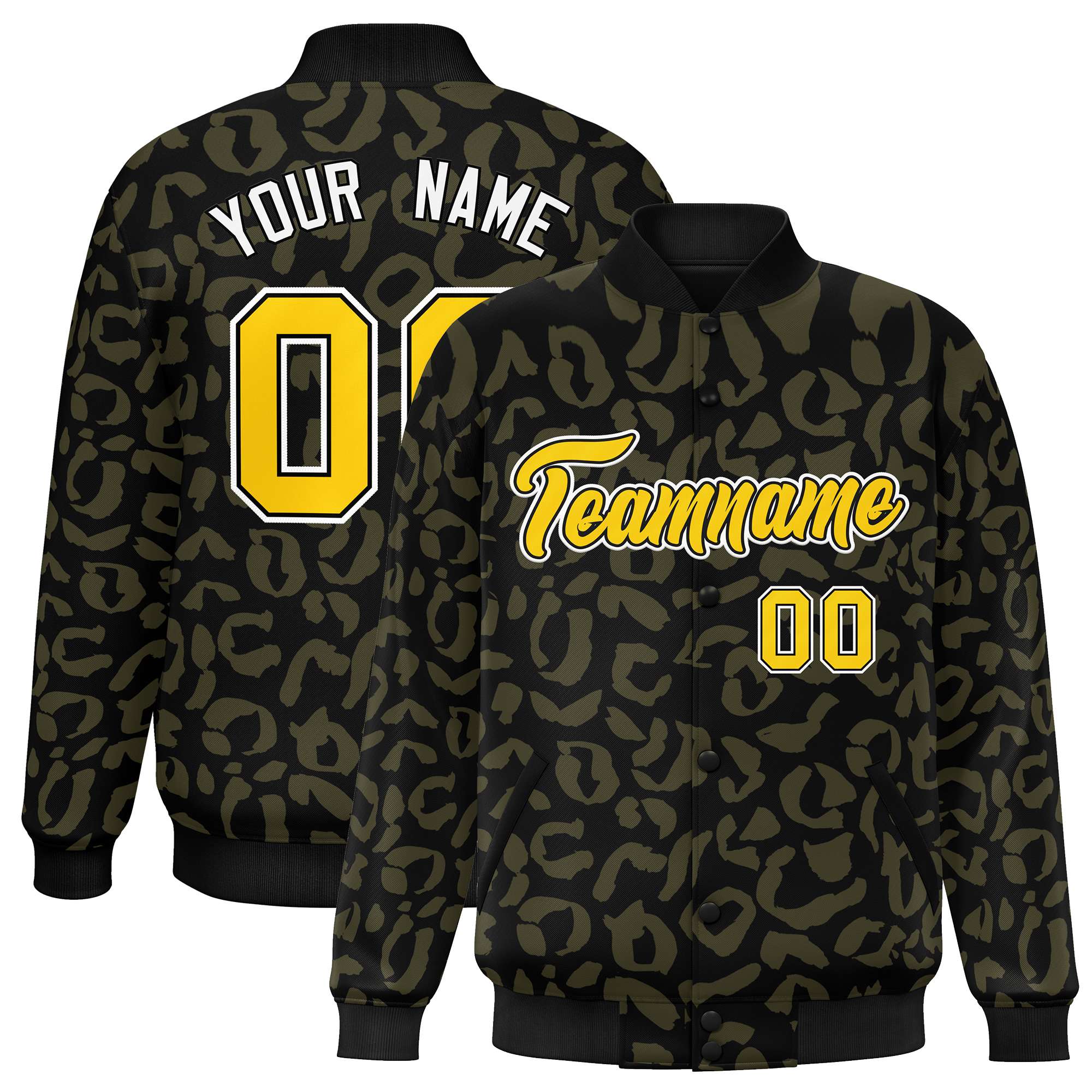 Custom Black Olive Varsity Full-Snap Leopard Print Graffiti Pattern Letterman Baseball Jacket