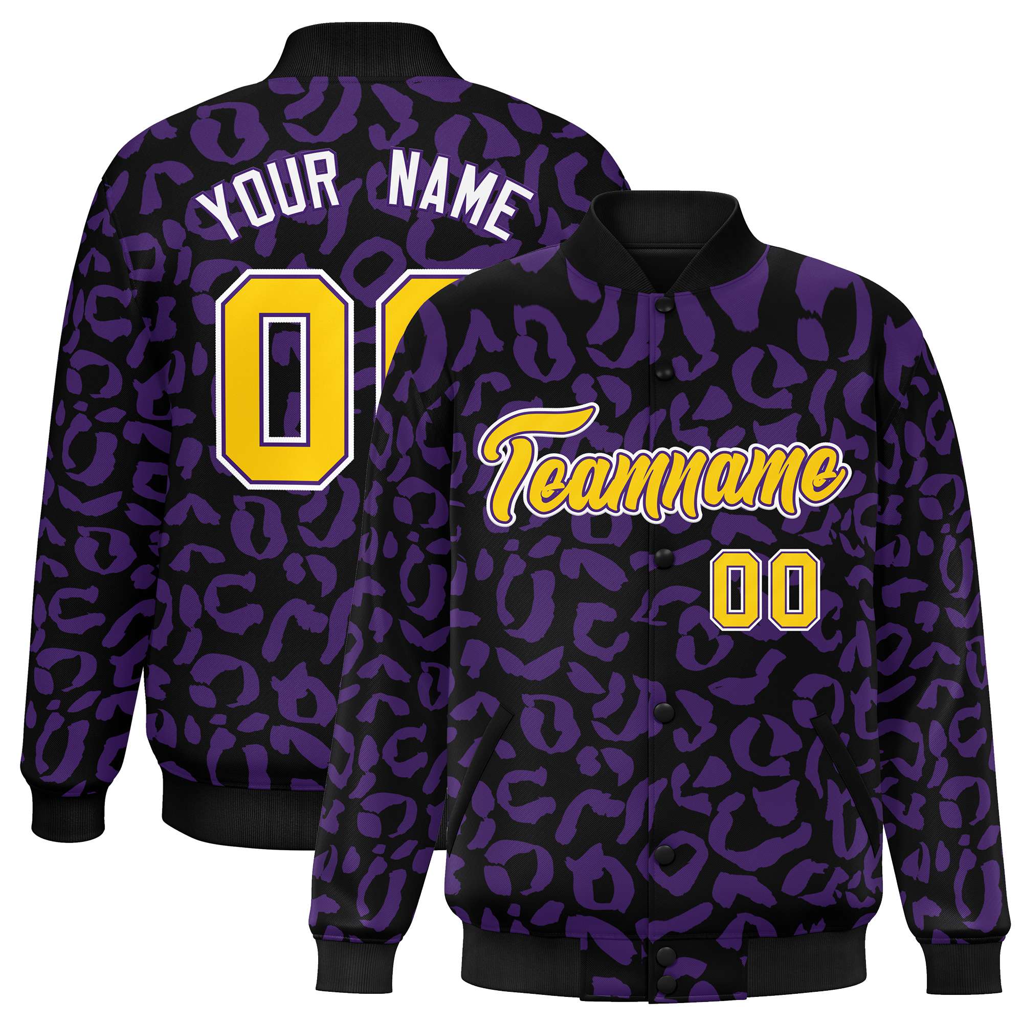 Custom Black Purple Varsity Full-Snap Leopard Print Graffiti Pattern Letterman Baseball Jacket