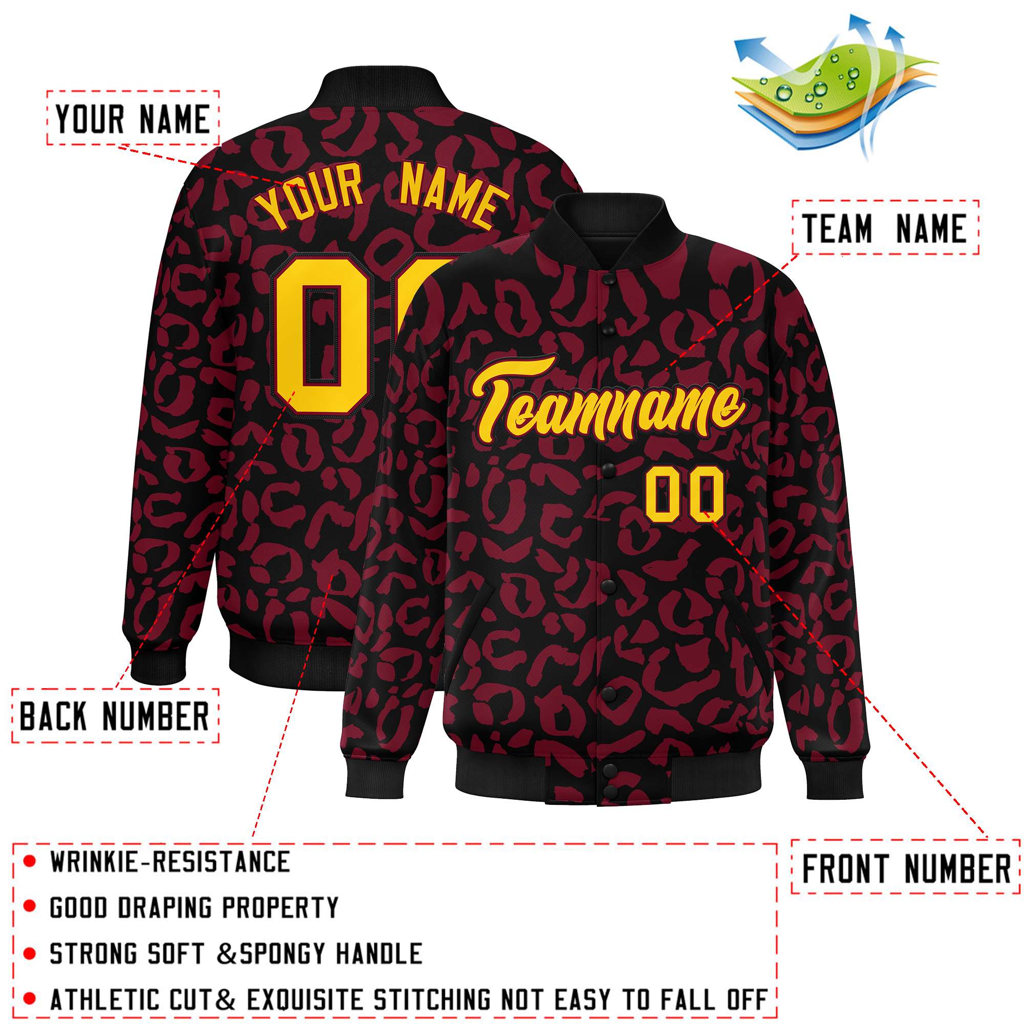 Custom Black Crimson Varsity Full-Snap Leopard Print Graffiti Pattern Letterman Baseball Jacket