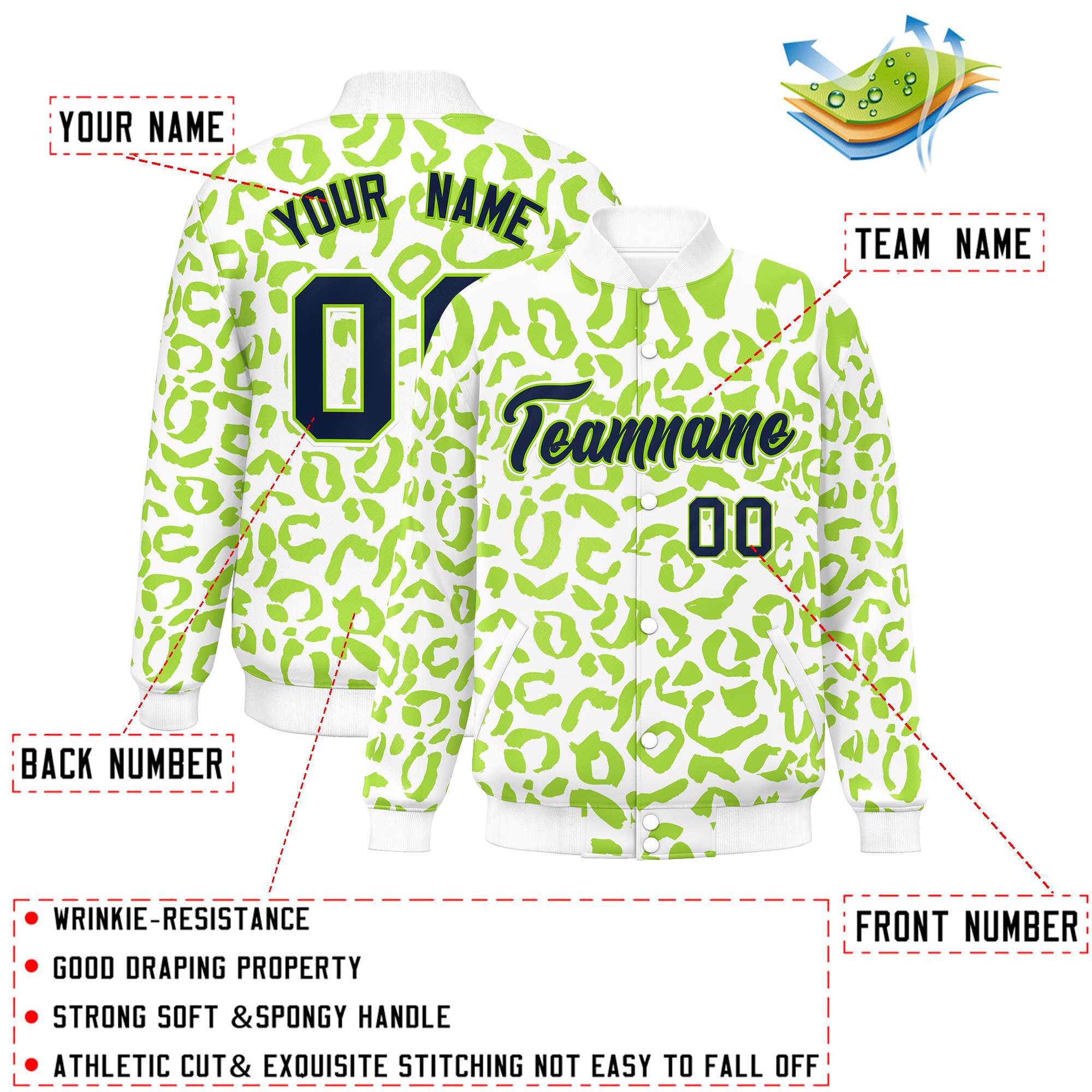 Custom White Neon Green Varsity Full-Snap Leopard Print Graffiti Pattern Letterman Baseball Jacket