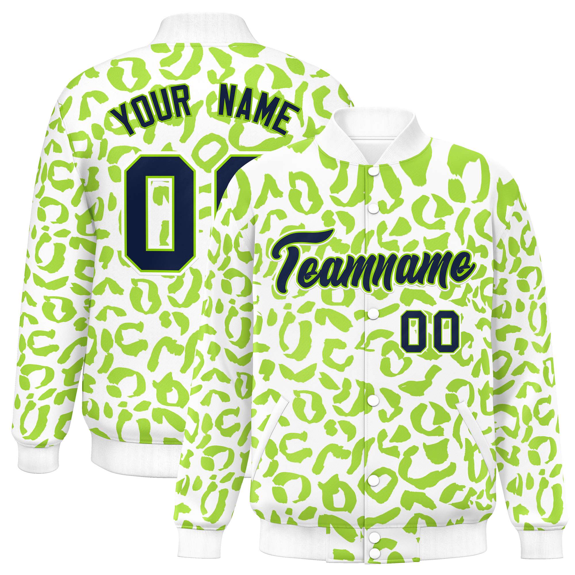 Custom White Neon Green Varsity Full-Snap Leopard Print Graffiti Pattern Letterman Baseball Jacket