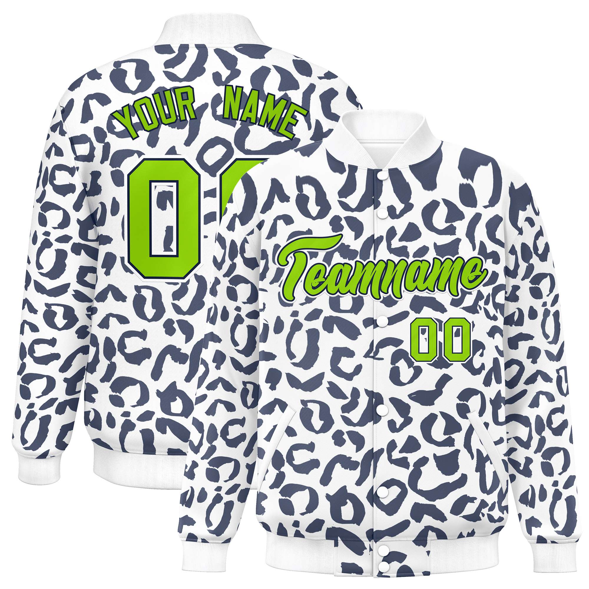 Custom White Navy Varsity Full-Snap Leopard Print Graffiti Pattern Letterman Baseball Jacket