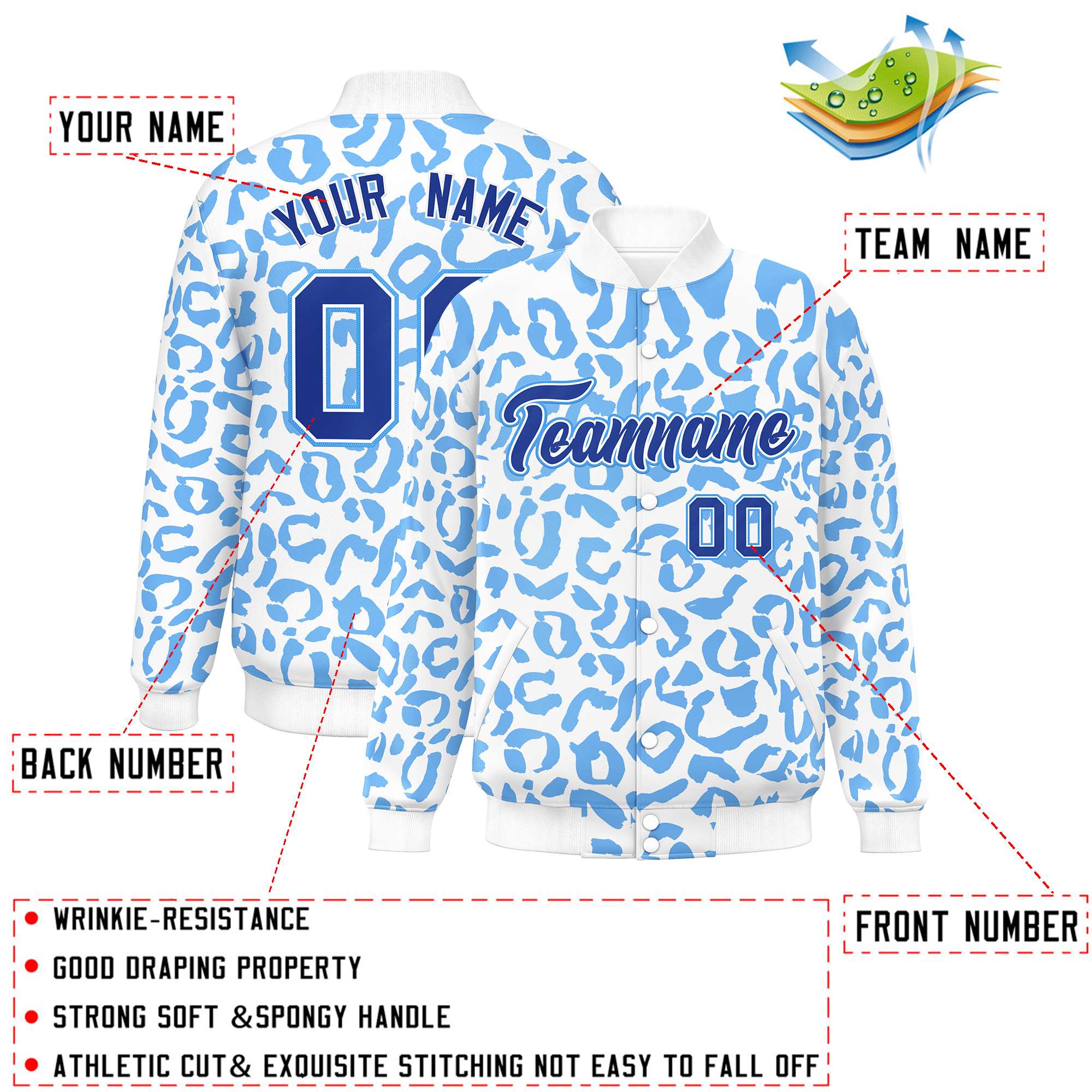 Custom White Powder Blue Varsity Full-Snap Leopard Print Graffiti Pattern Letterman Baseball Jacket