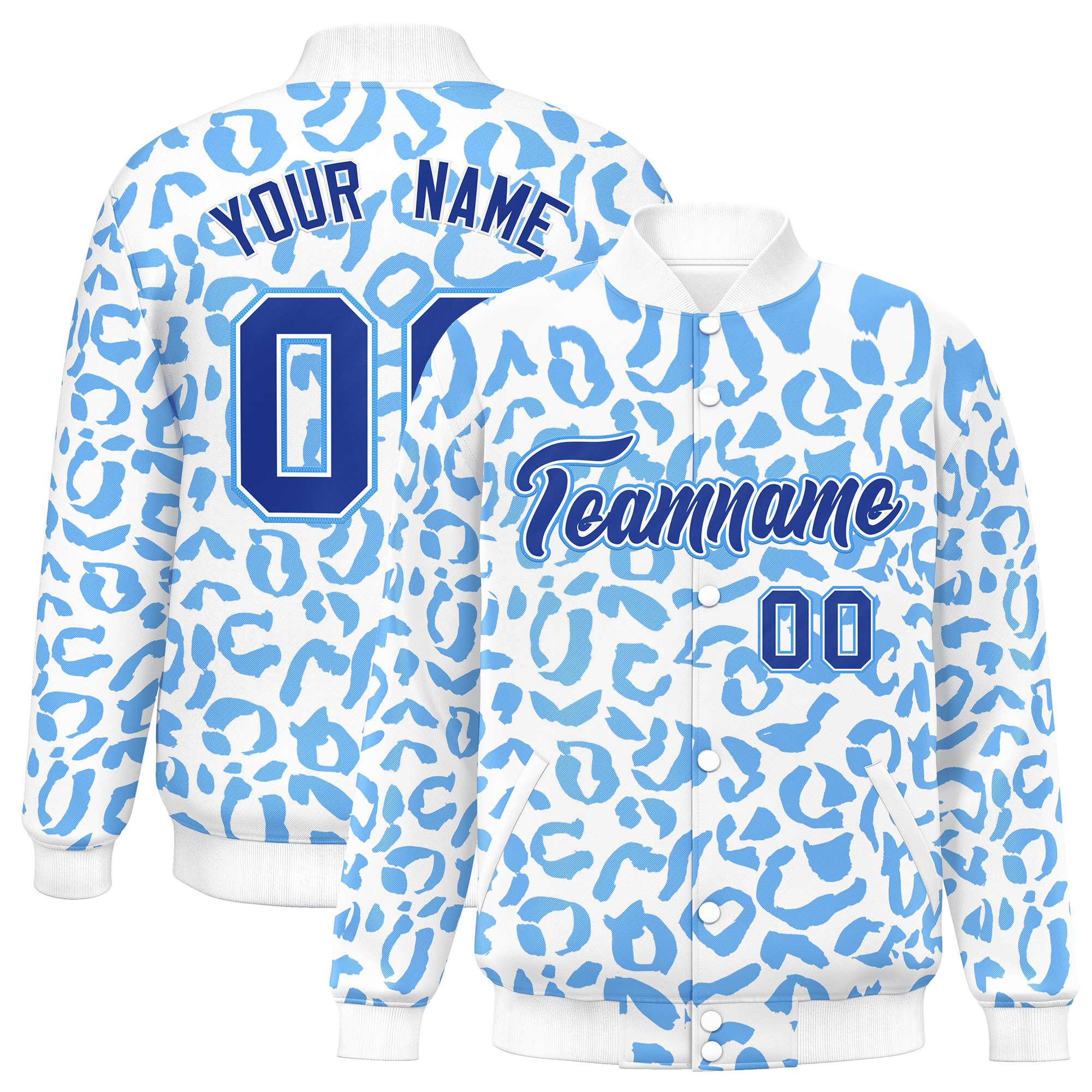 Custom White Powder Blue Varsity Full-Snap Leopard Print Graffiti Pattern Letterman Baseball Jacket