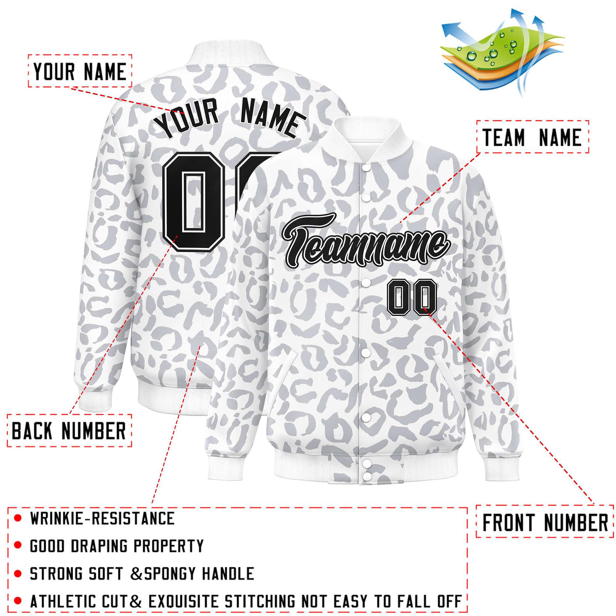 Custom White Gray Varsity Full-Snap Leopard Print Graffiti Pattern Letterman Baseball Jacket