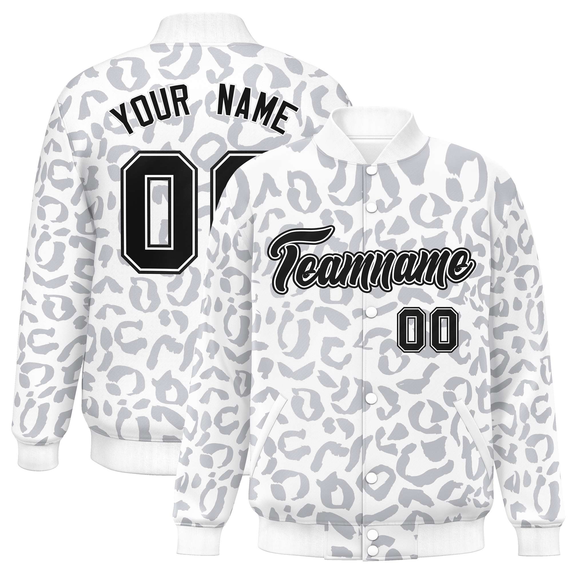 Custom White Gray Varsity Full-Snap Leopard Print Graffiti Pattern Letterman Baseball Jacket