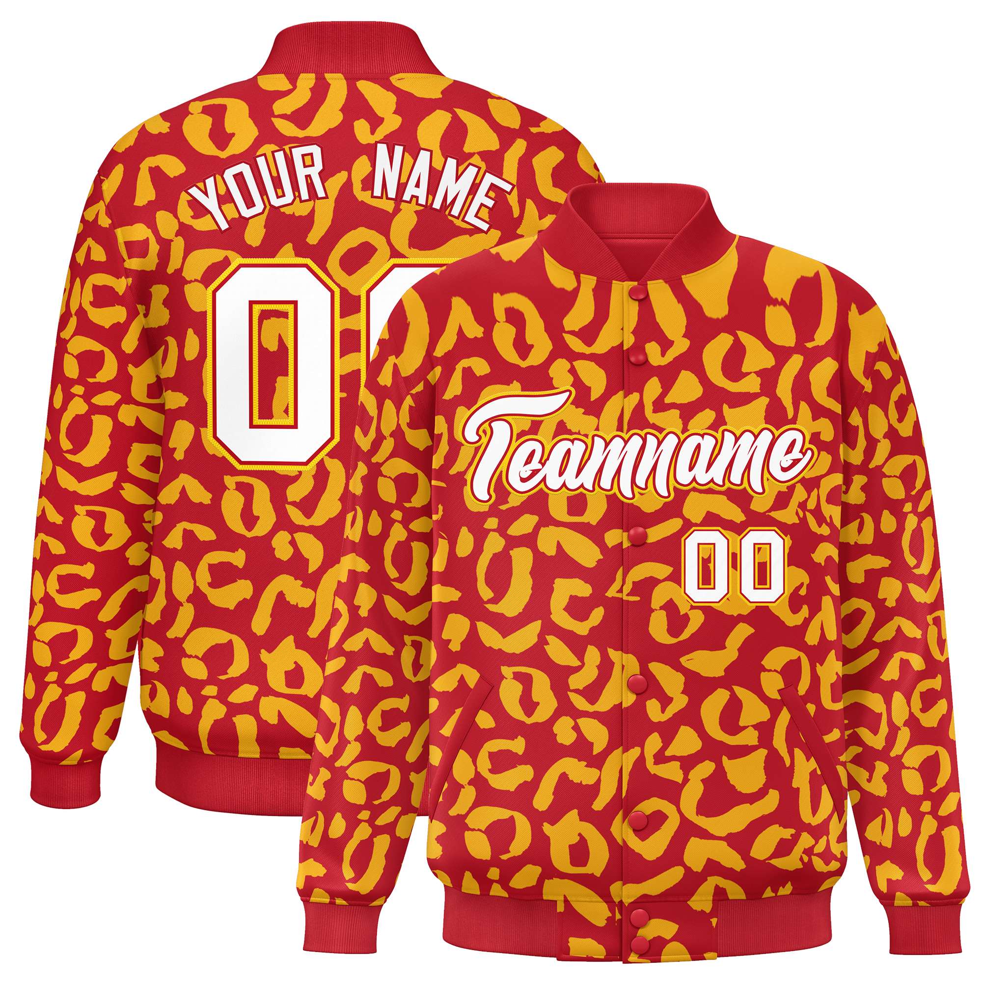 Custom Red Gold Varsity Full-Snap Leopard Print Graffiti Pattern Letterman Baseball Jacket