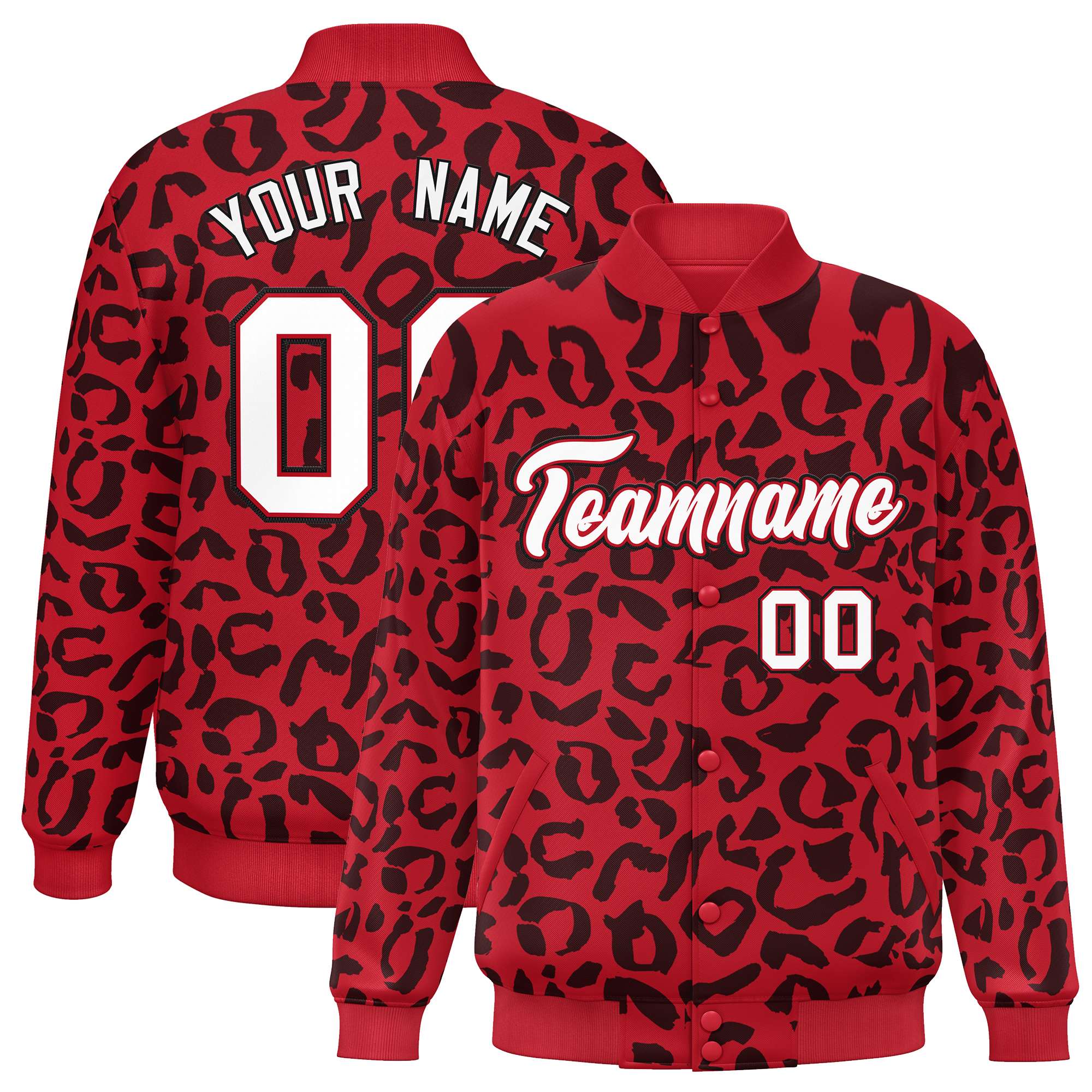 Custom Red Black Varsity Full-Snap Leopard Print Graffiti Pattern Letterman Baseball Jacket