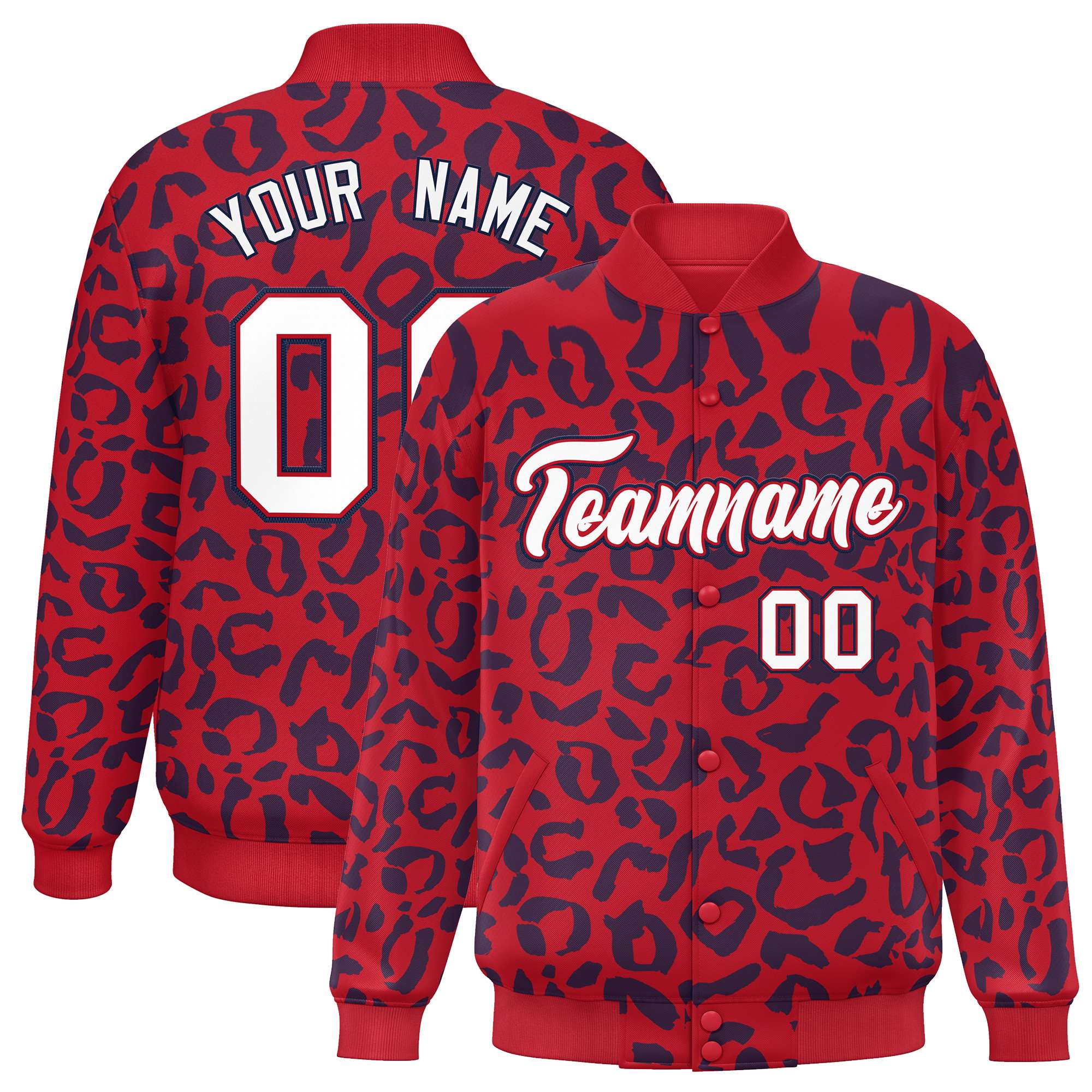 Custom Red Navy Varsity Full-Snap Leopard Print Graffiti Pattern Letterman Baseball Jacket