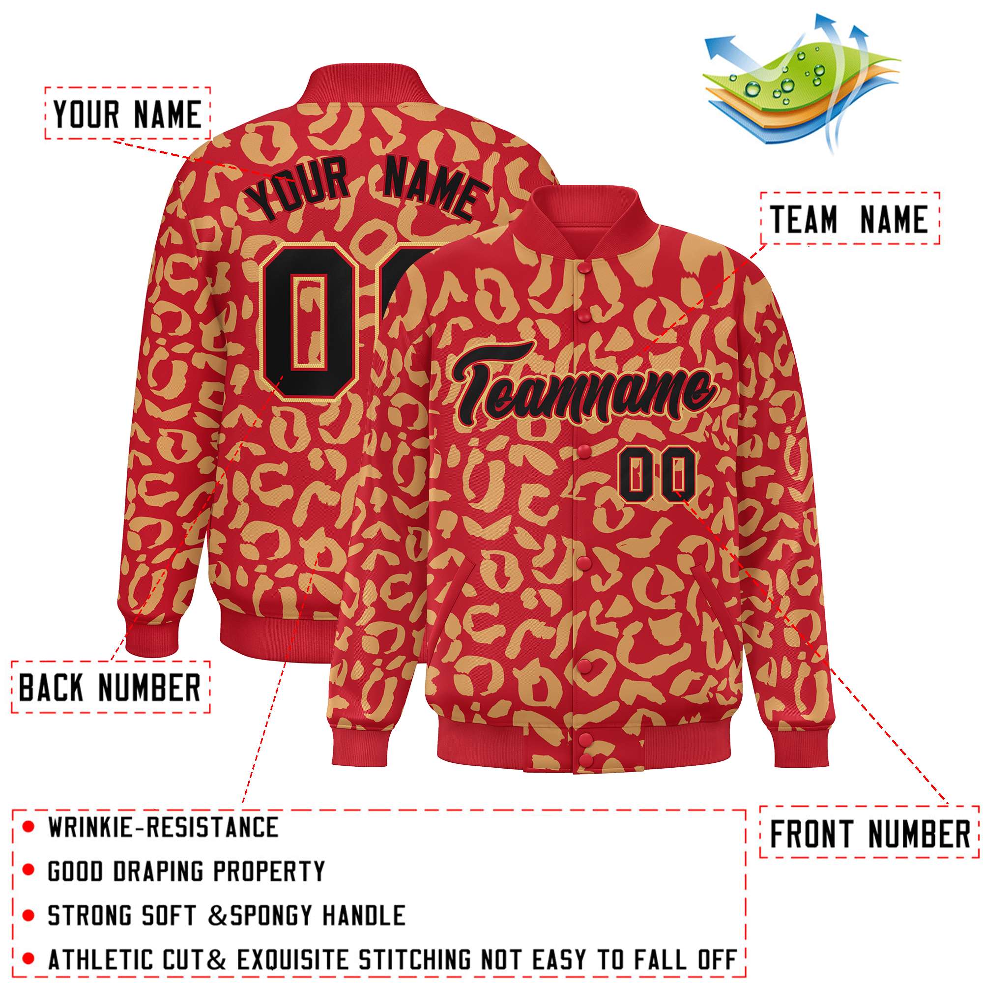 Custom Red Old Gold Varsity Full-Snap Leopard Print Graffiti Pattern Letterman Baseball Jacket