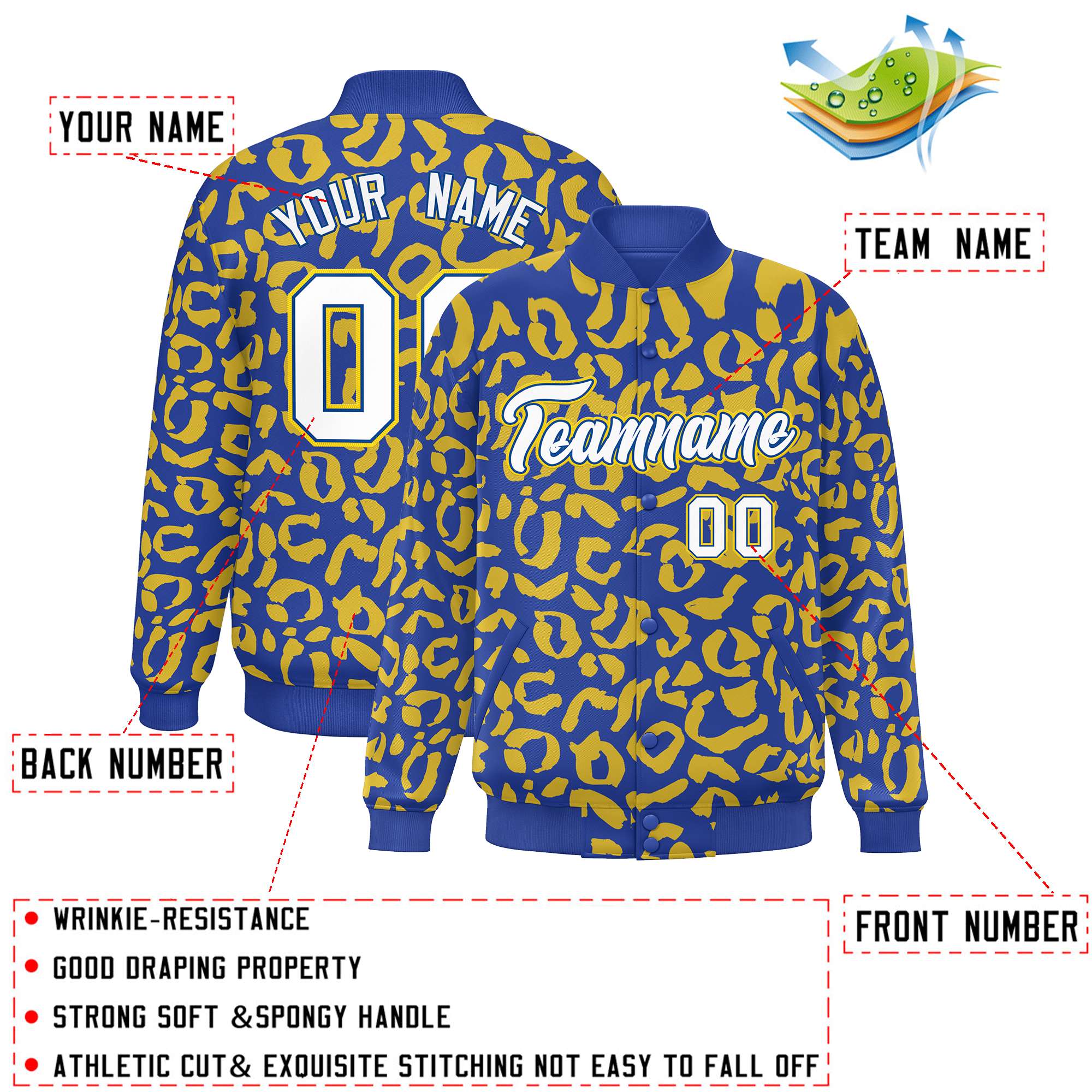 Custom Royal Gold Varsity Full-Snap Leopard Print Graffiti Pattern Letterman Baseball Jacket