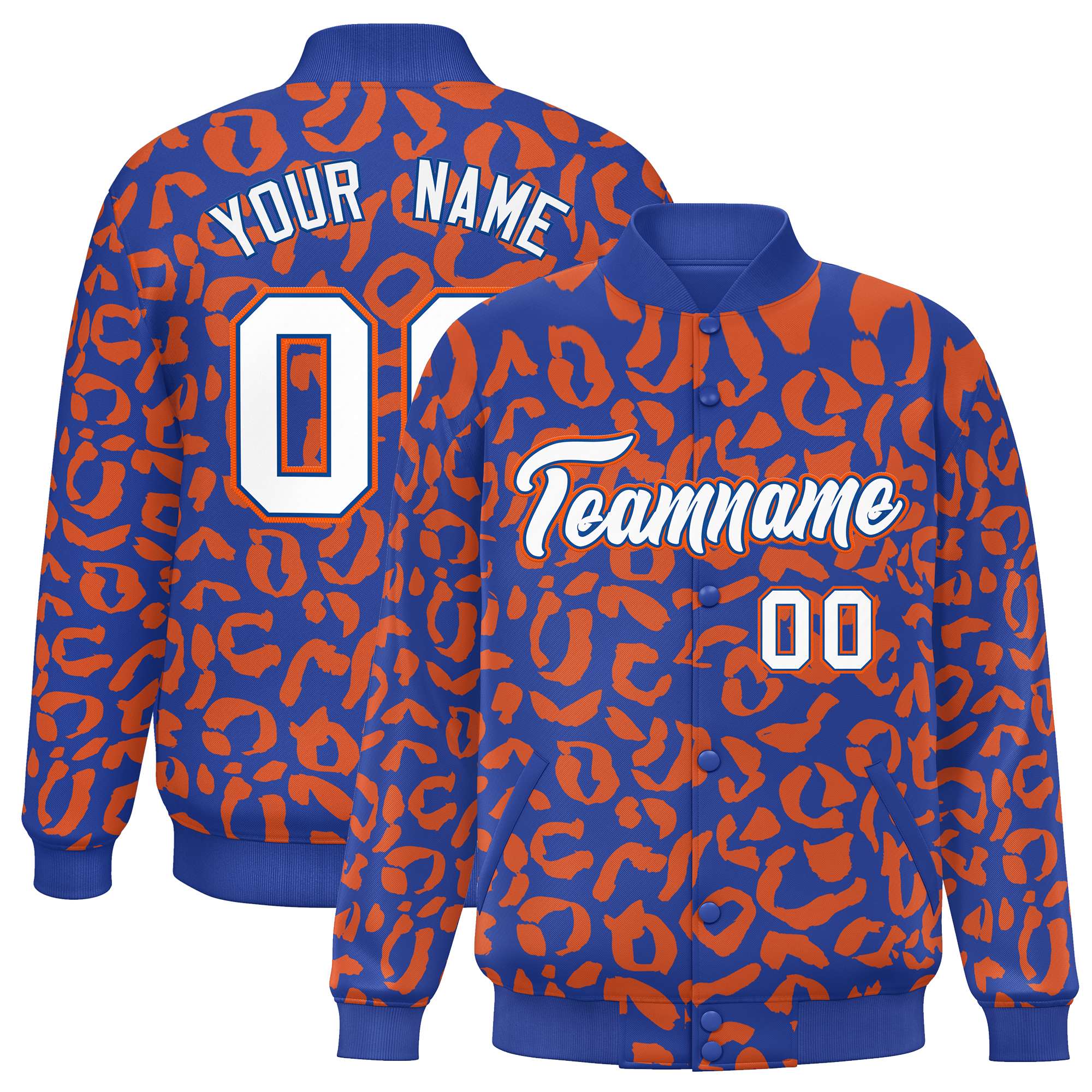 Custom Royal Orange Varsity Full-Snap Leopard Print Graffiti Pattern Letterman Baseball Jacket