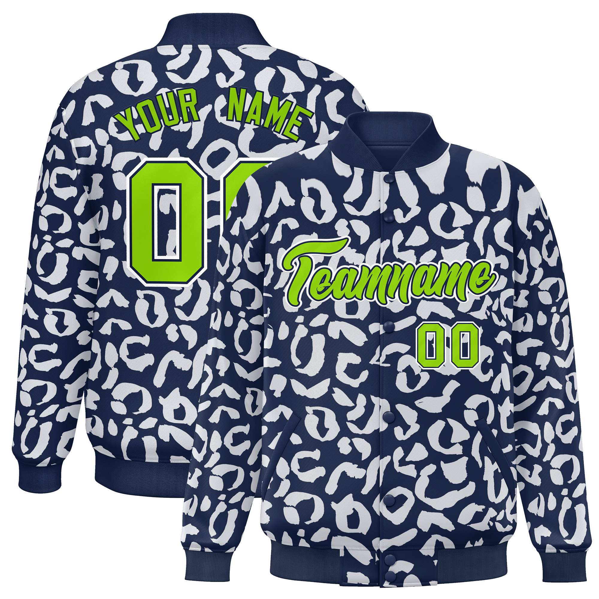 Custom Navy White Varsity Full-Snap Leopard Print Graffiti Pattern Letterman Baseball Jacket