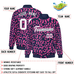 Custom Navy Pink Varsity Full-Snap Leopard Print Graffiti Pattern Letterman Baseball Jacket