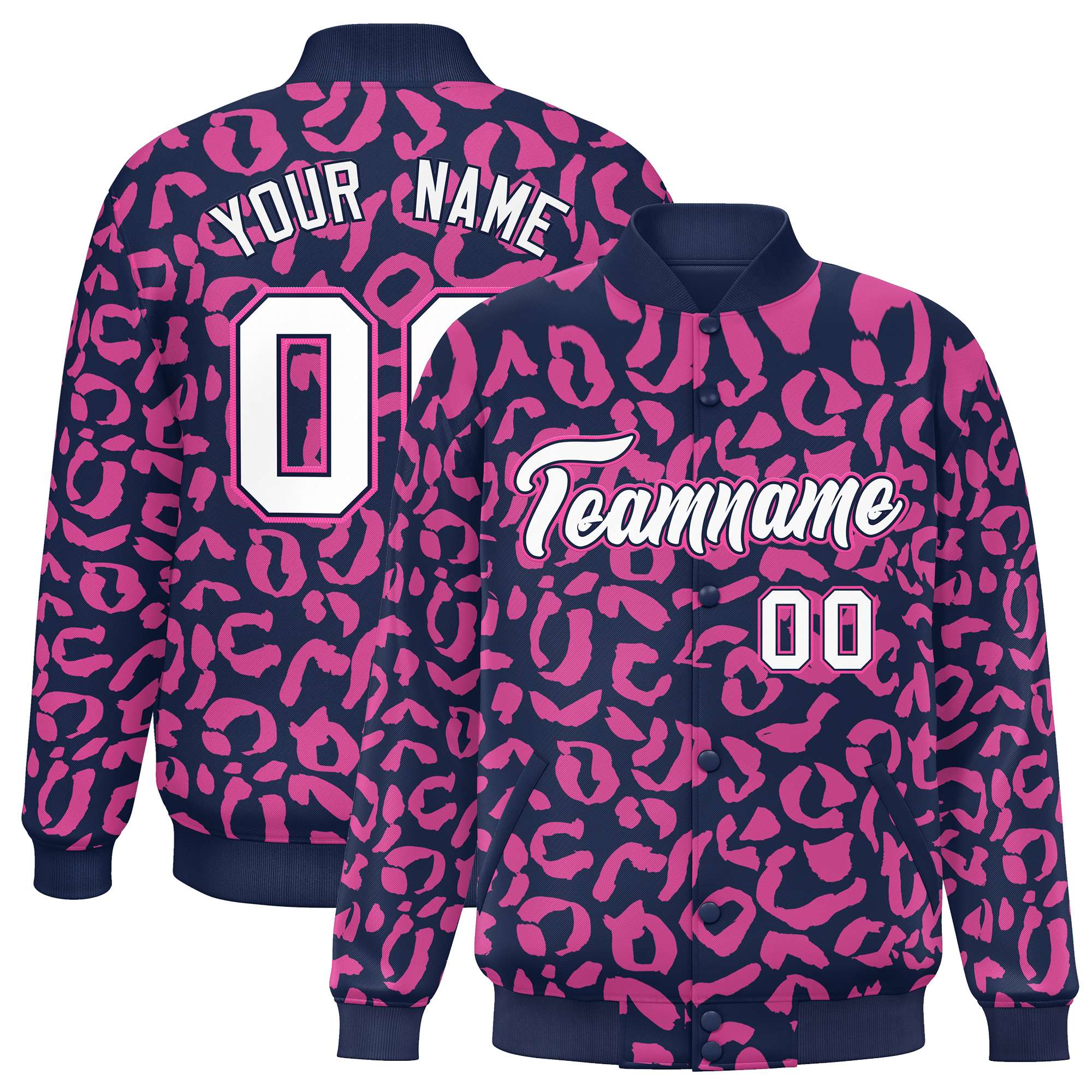 Custom Navy Pink Varsity Full-Snap Leopard Print Graffiti Pattern Letterman Baseball Jacket