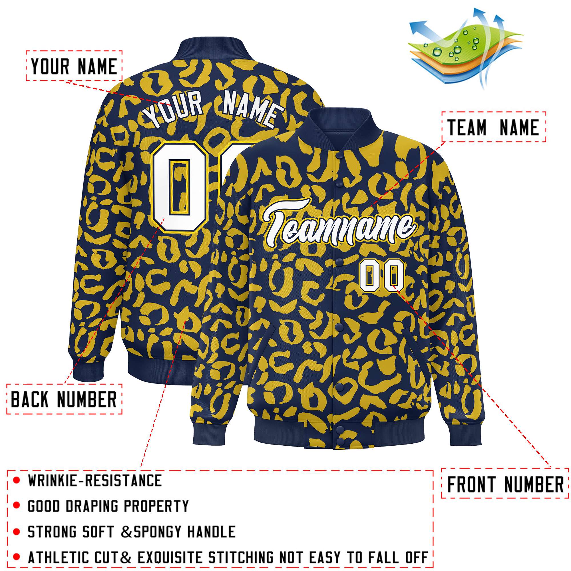 Custom Navy Gold Varsity Full-Snap Leopard Print Graffiti Pattern Letterman Baseball Jacket