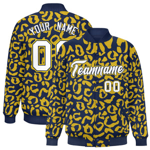 Custom Navy Gold Varsity Full-Snap Leopard Print Graffiti Pattern Letterman Baseball Jacket