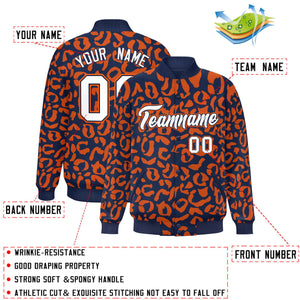 Custom Navy Orange Varsity Full-Snap Leopard Print Graffiti Pattern Letterman Baseball Jacket