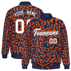 Custom Navy Orange Varsity Full-Snap Leopard Print Graffiti Pattern Letterman Baseball Jacket