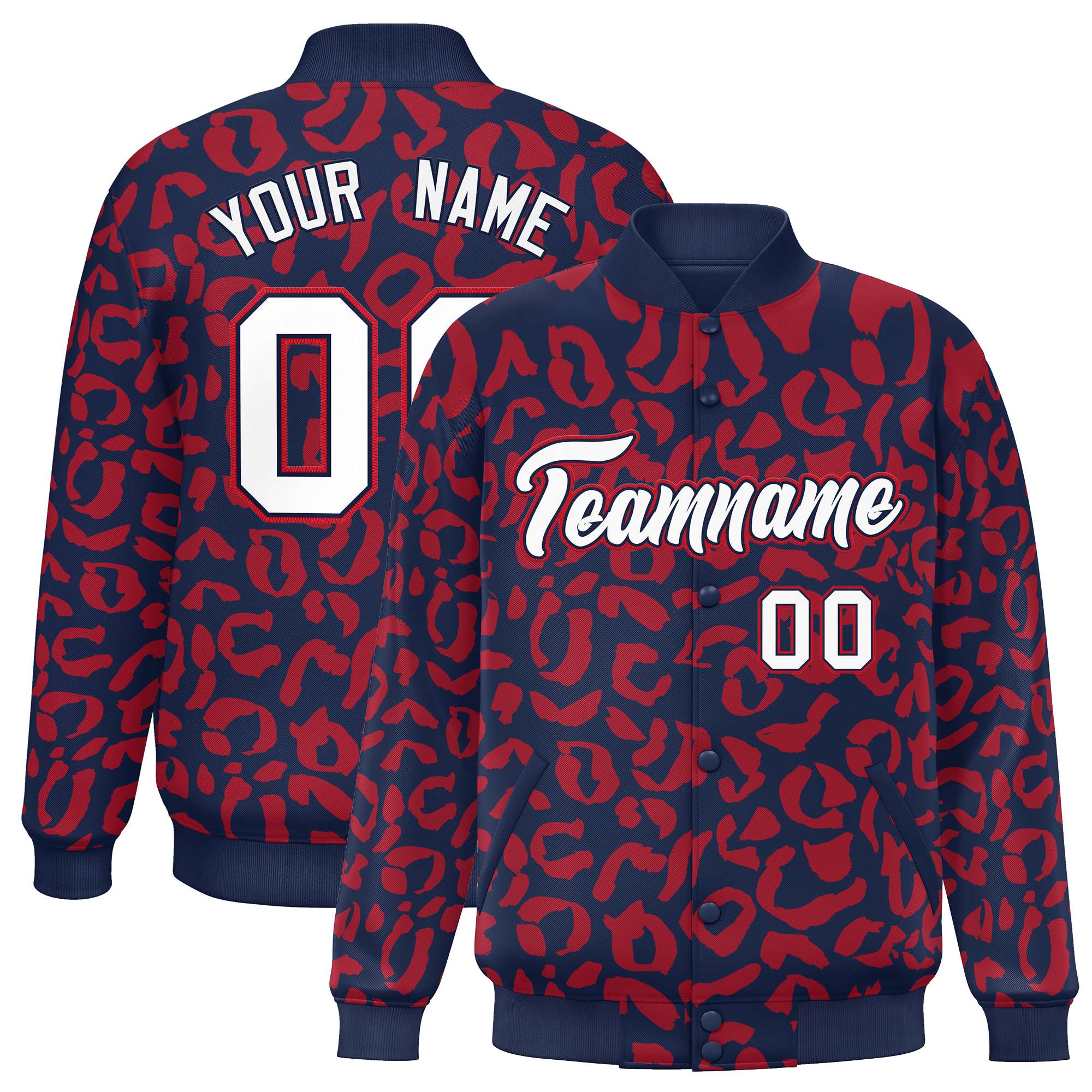 Custom Navy Red Varsity Full-Snap Leopard Print Graffiti Pattern Letterman Baseball Jacket