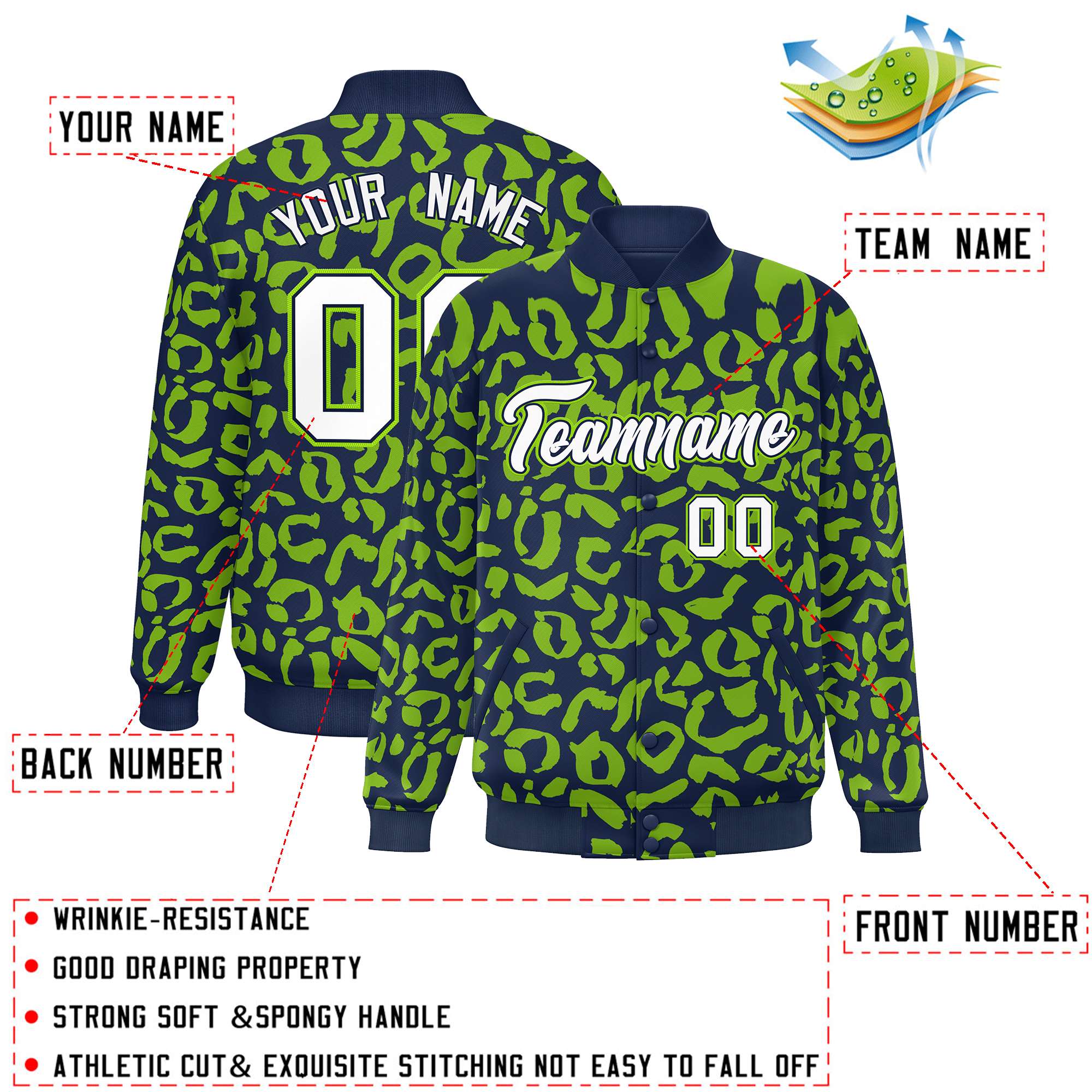 Custom Navy Neon Green Varsity Full-Snap Leopard Print Graffiti Pattern Letterman Baseball Jacket