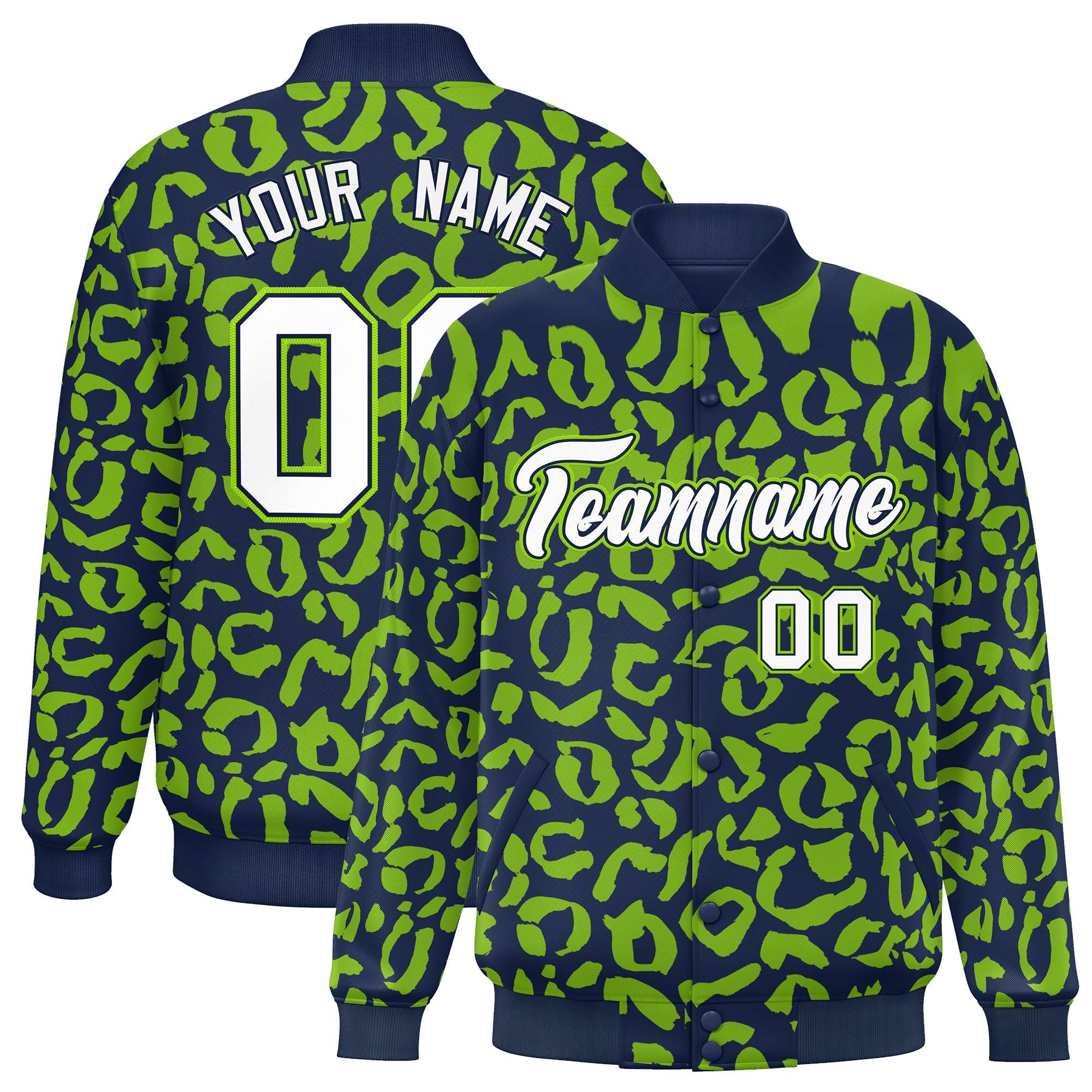 Custom Navy Neon Green Varsity Full-Snap Leopard Print Graffiti Pattern Letterman Baseball Jacket